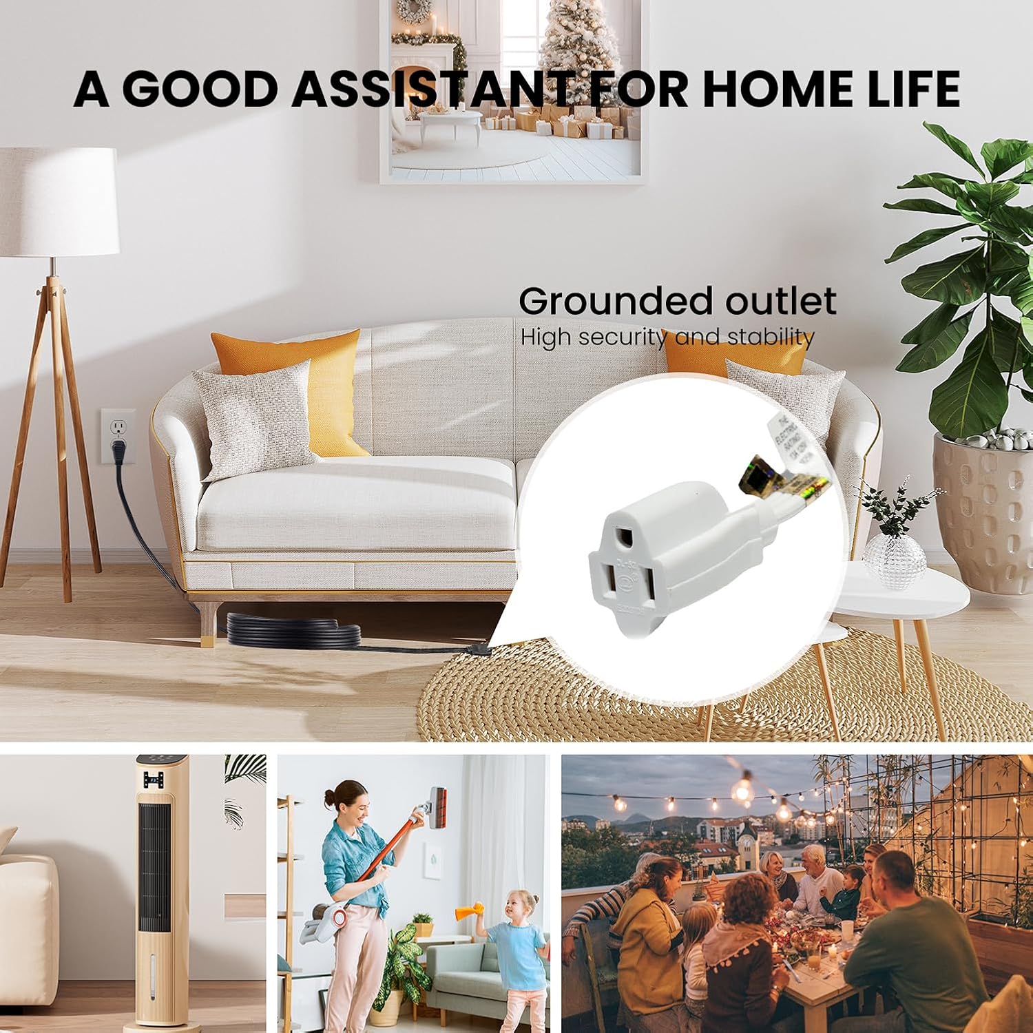 YOJOE Indoor Extension Cord, 3 Prong Grounded 13A Power Cord, 16 Gauge Heavy Duty 10 ft White Flat Plug Extension Cord for Home, Office, 16/3 SPT-3 UL Listed