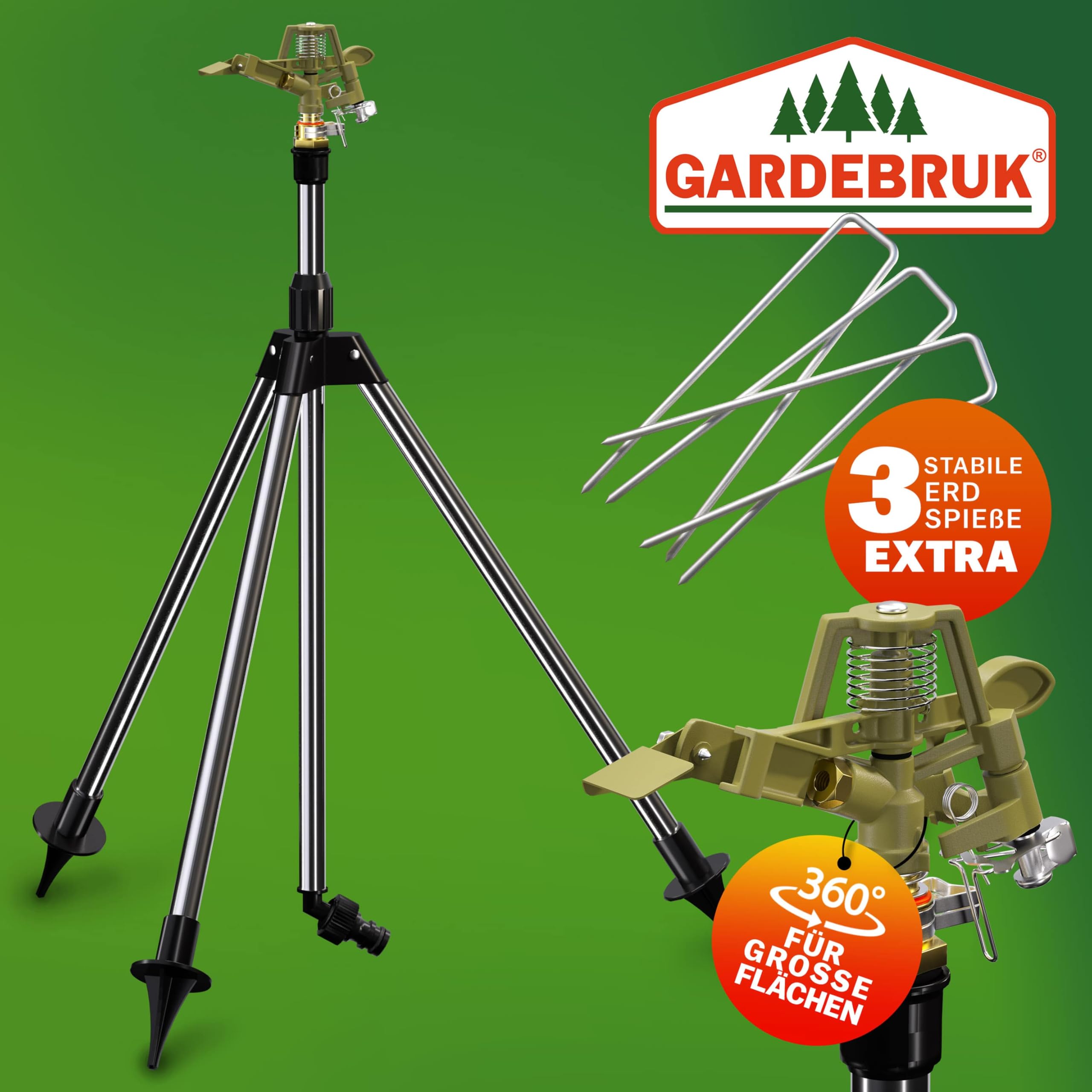 GARDEBRUK® Sprinkler mit Teleskopstativ Erdspieß Sprengweite bis 24m Garten Impulsregner Rasensprenger Sektorenregner Gartenbewässerung Wassersprinkler