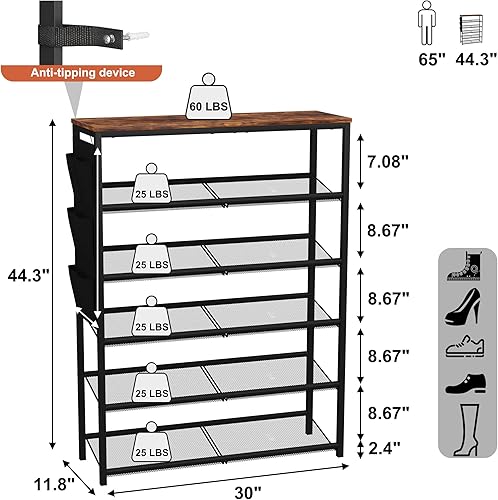 Miniatura 3 de HOMEFORT Zapatero de 6 niveles para entrada, estante de almacenamiento de zapatos de 30 pulgadas para armario, organizador de zapatos con estantes