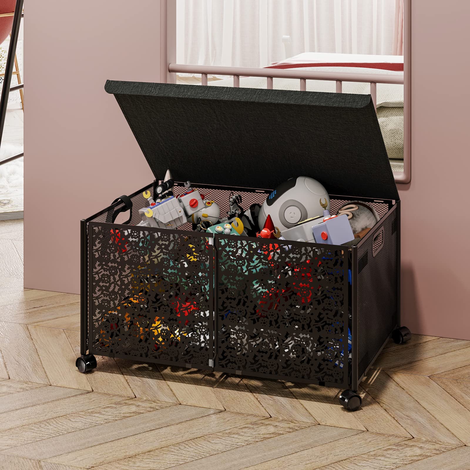 Caja de Almacenamiento de Juguetes Grande con Tapa, Organizador de Juguetes Plegable de Metal con Ruedas para Niños y Niñas, Ropa, Libros, Guardería, Felpa (#4)