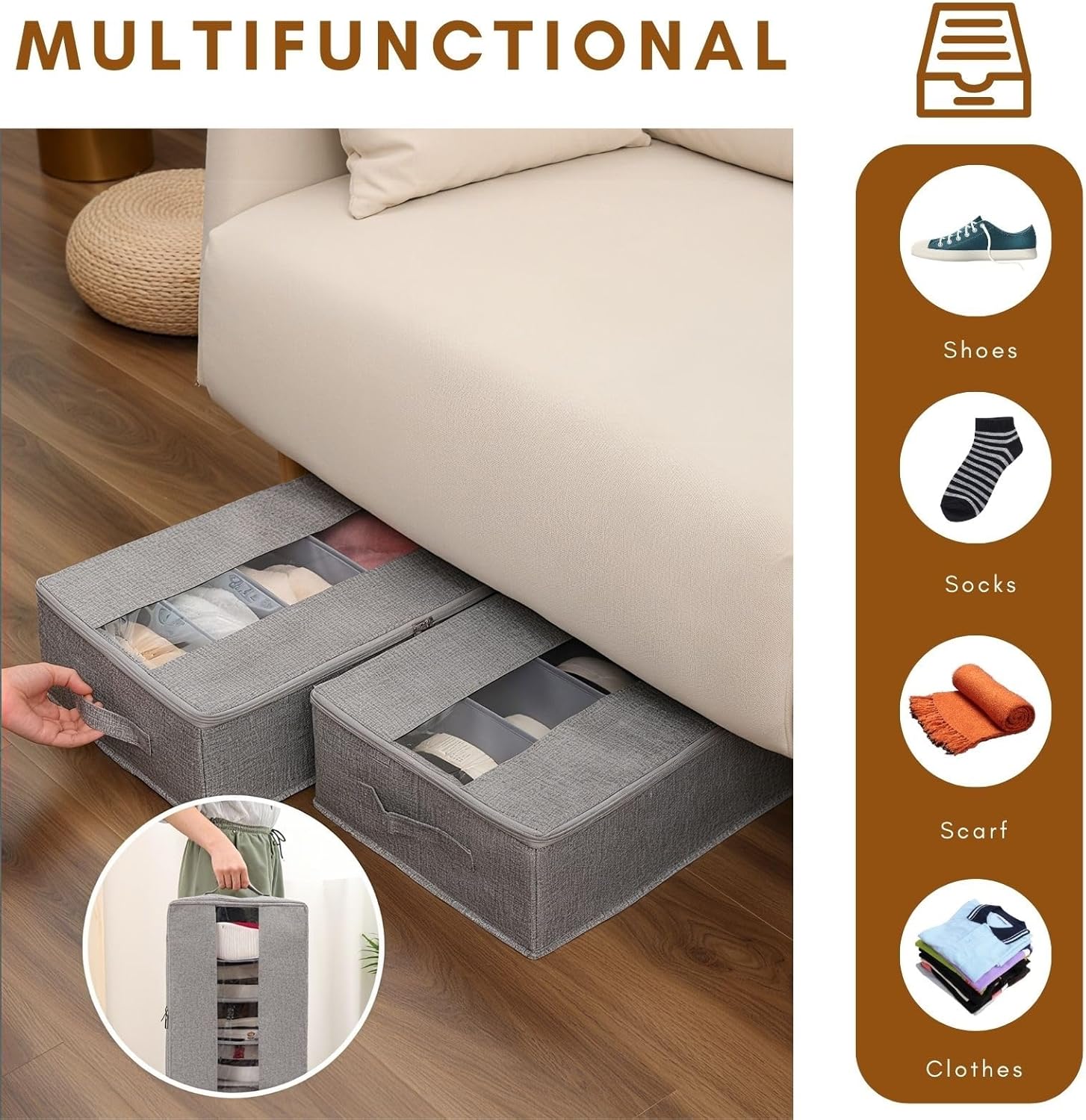 Shoe Organizers for Closet, Fits 6 Pairs Each, Shoe Storage Bins, 23.6x13x5.5in Shoes Box Fabric Containers with Handles and Clear Cover, for Bedroom, Entryway, Closet(Gray,2 pack)