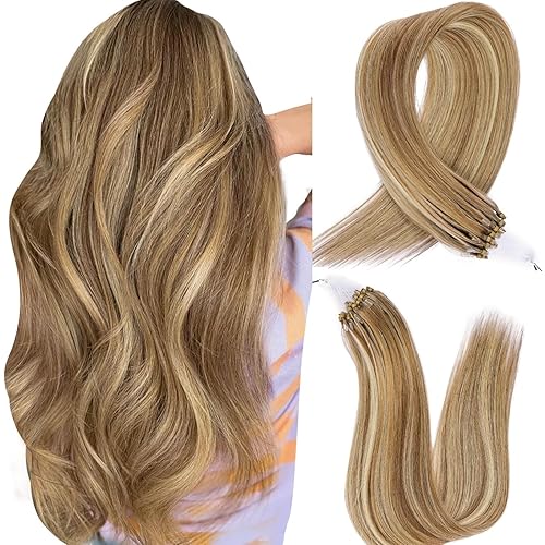 Microlink Hair Extensions Human Hair D7/60 Blonde Brown 30g/38s/Pack 18inch Microbead Micro Loop Hair Extensions Real Human Soft and Glossy Longer Life