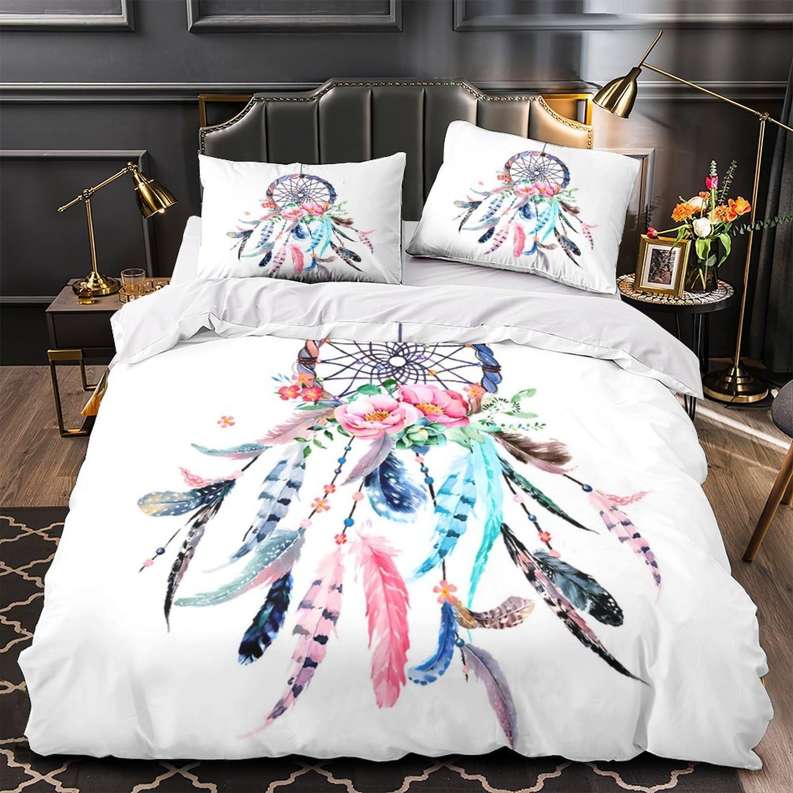 Dreamcatcher Decor Quilt Cover 3D Print Hypoallergenic 3PCs Bed Linen Hidden Zipper boho Floral Comforter Cover Luxury Breathable for Adults Teens Women Kids Girls Boys Youth Double（200x200cm）