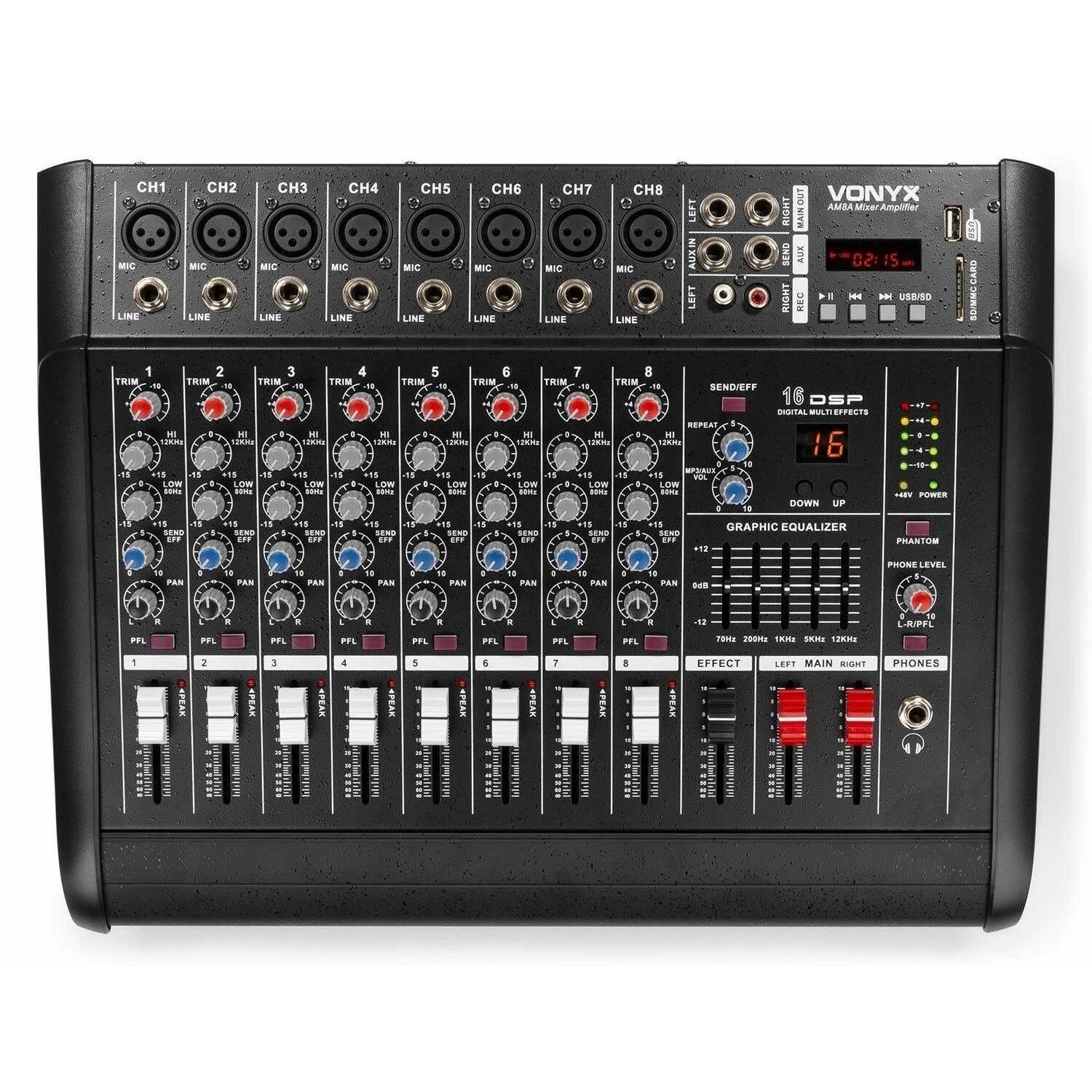 VONYX AM8A Mixer 8 Canali con Amplificatore da 1000 Watt Integrato, Bluetooth, MP3/USB/SD, 16 Effetti Digitali, Ingresso RCA, Audio Professionale, DJ, Discoteca