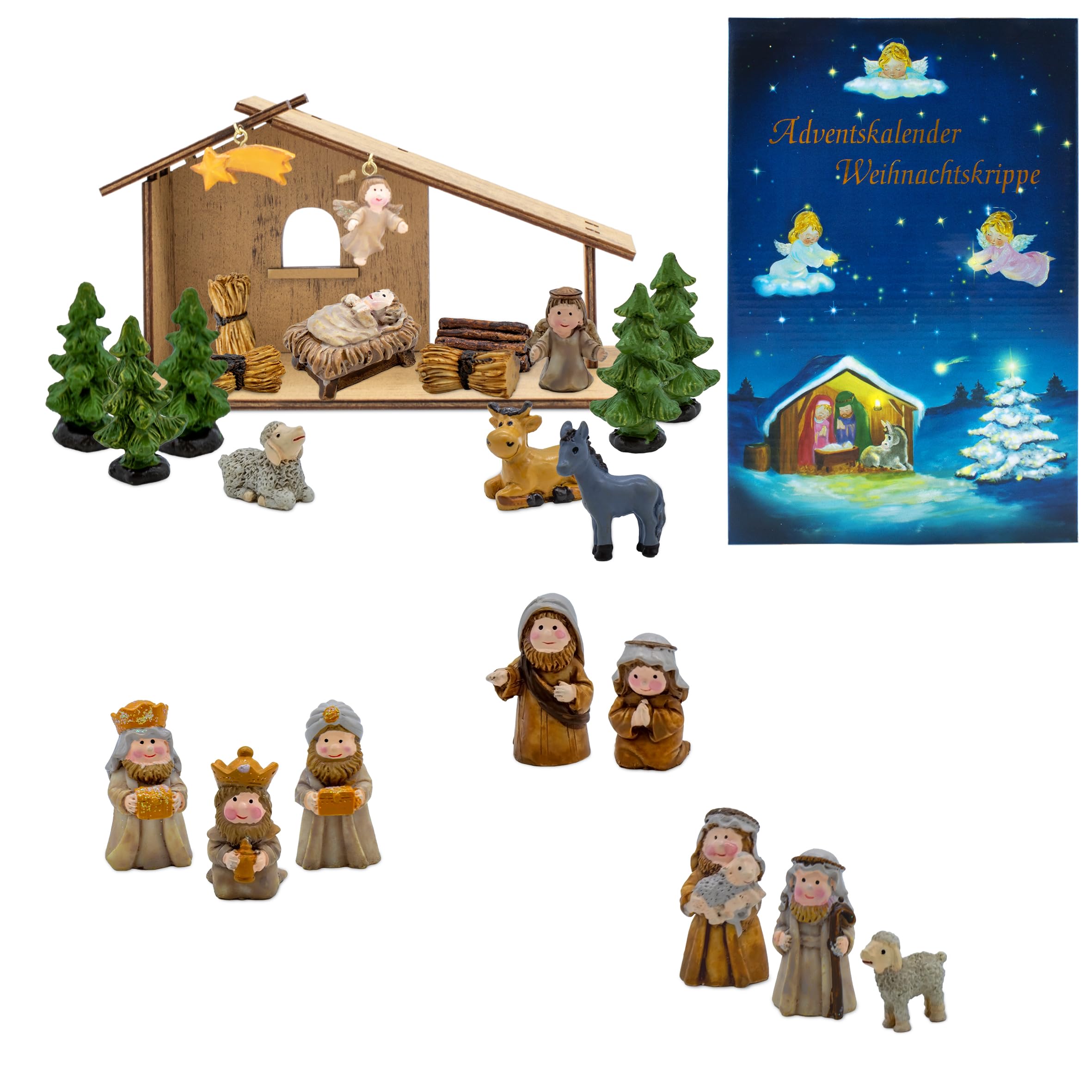 Calendario dell'Avvento della Natività di Natale 2024 con 24 Figure - 26 x 13 cm - Presepe in Legno con Figure in Pietra Artificiale - Decorazione Natalizia per Tavolo Presepe di Natale