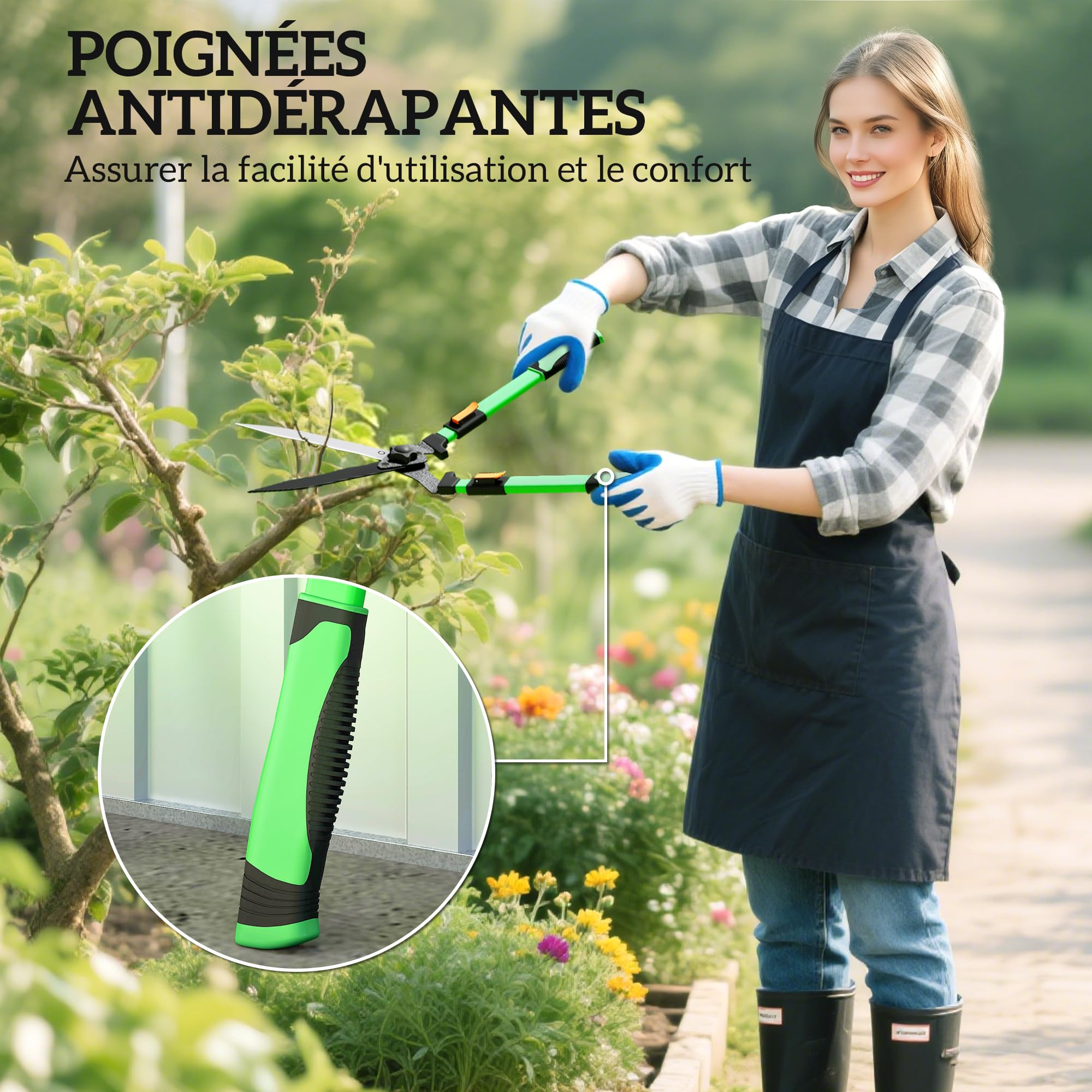 Outsunny Lot de 2 cisailles de jardin, cisaille à haies longueur 63,5-78,5 cm, sécateur à enclume longueur 64,5-90 cm, poignées télescopiques extensibles antidérapant lames polies, vert et noir