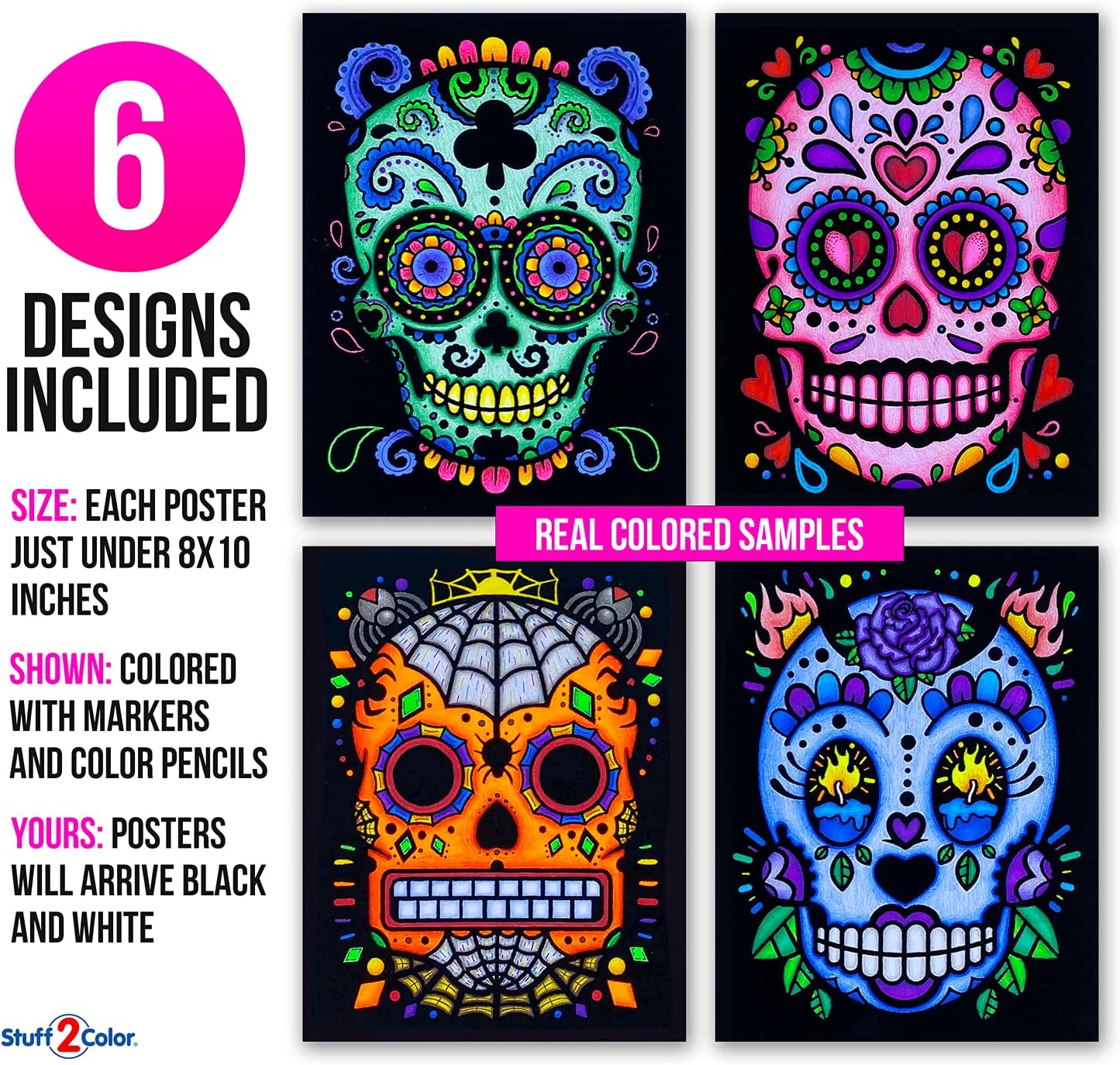 Stuff2Color Sugar Skulls Fuzzy Velvet Halloween Coloring Posters (Day of The Dead and Dia de Los Muertos) - 6 Pack - Great Halloween Arts and Craft Activity for Kids, Families, Teens and Adults