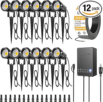 ZUCKEO All-in-One Low Voltage Landscape Lighting Kit, 5W LED Landscape Lights with Transformer, 120FT Wire and Connectors, Waterproof Outdoor Spotlight for Yard Garden House, 3000K 12V-24V, 12Pack
