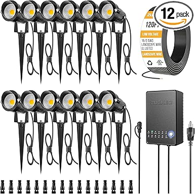 ZUCKEO All-in-One Low Voltage Landscape Lighting Kit, 5W LED Landscape Lights with Transformer, 120FT Wire and Connectors, Waterproof Outdoor Spotlight for Yard Garden House, 3000K 12V-24V, 12Pack