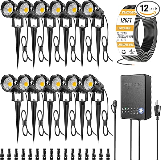 ZUCKEO All-in-One Low Voltage Landscape Lighting Kit, 5W LED Landscape Lights with Transformer, 120FT Wire and Connectors, Waterproof Outdoor Spotlight for Yard Garden House, 3000K 12V-24V, 12Pack