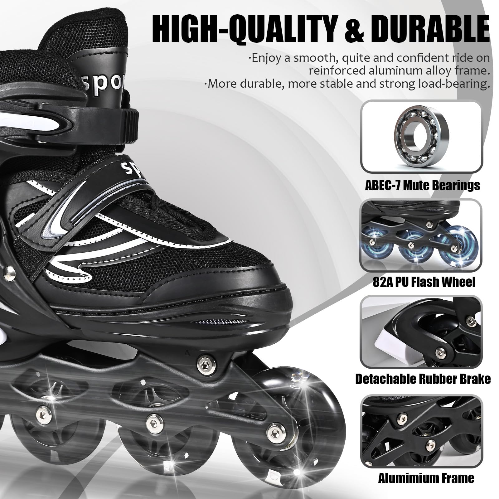 Einstellbare Kinder Inline Skates für Jungen Mädchen, Schwarz Weiß 4-Rollen Inline Skates für Jugendliche & Erwachsene mit leuchtenden Rädern für drinnen draußen Sport Freizeit