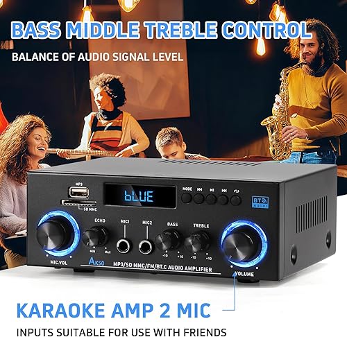 Miniatura 8 de AK50 Amplificador de audio estéreo, máximo 800 W, receptor estéreo de 2.0 canales con subwoofer activo, amplificador para el hogar, radio FM, USB,