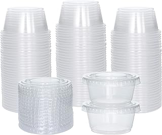 Galashield [100 Sets] 2 oz Small Plastic Containers with Lids, Jello Shot Cups with Lids, Disposable Portion Cups, Condiment Containers with Lids, Souffle Cups for Sauce and Dressing