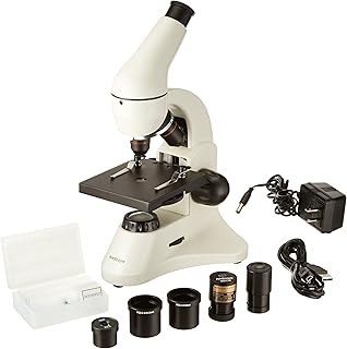 AmScope M120C-2L-PB10-E1 Digital Compound Monocular Microscope, WF10x and WF25x Eyepieces, 40x-1000x Magnification, Brightfield, Upper and Lower LED Illumination, Plain Stage, Includes Blank and Prepared Slides, 1.3MP Camera and Software
