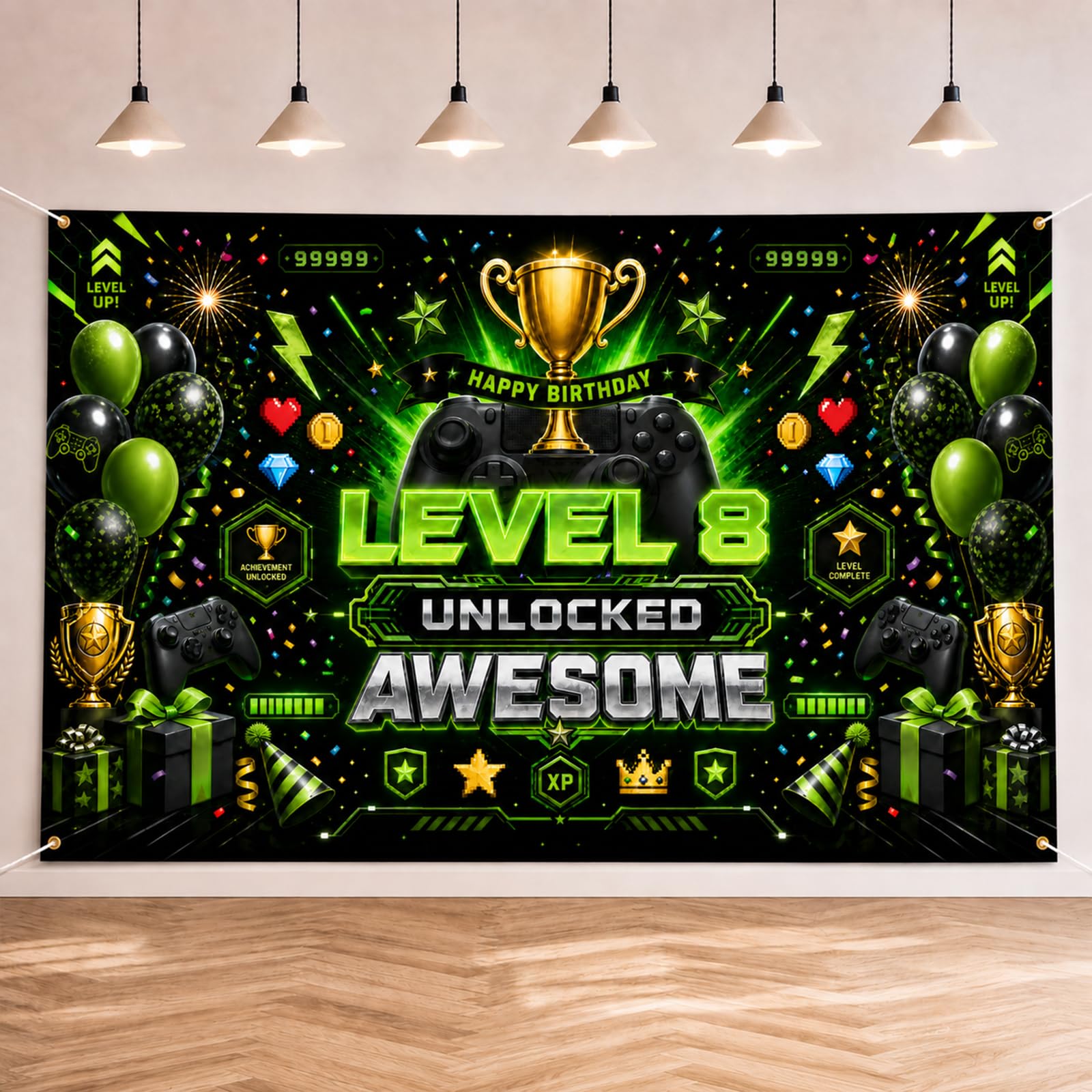 Geukmun 8th Birthday Decorations Banner Boys Gaming Backdrop 180x110cm
