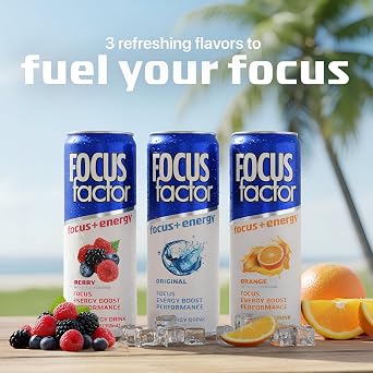 Focus Factor Energy Drink - 12 x 355ml Cans (Berry Flavour) - with Focus + Energy - Lightly Carbonated, Sugar Free, Low Calorie with Vitamins B6 & B12