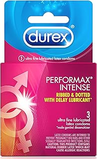 Durex Performax Intense Condoms, Ultra Fine, Ribbed, Dotted with Delay Lubricant Natural Rubber Latex Condoms for Men, FSA & HSA Eligible, 3 Count (Pack of 3)