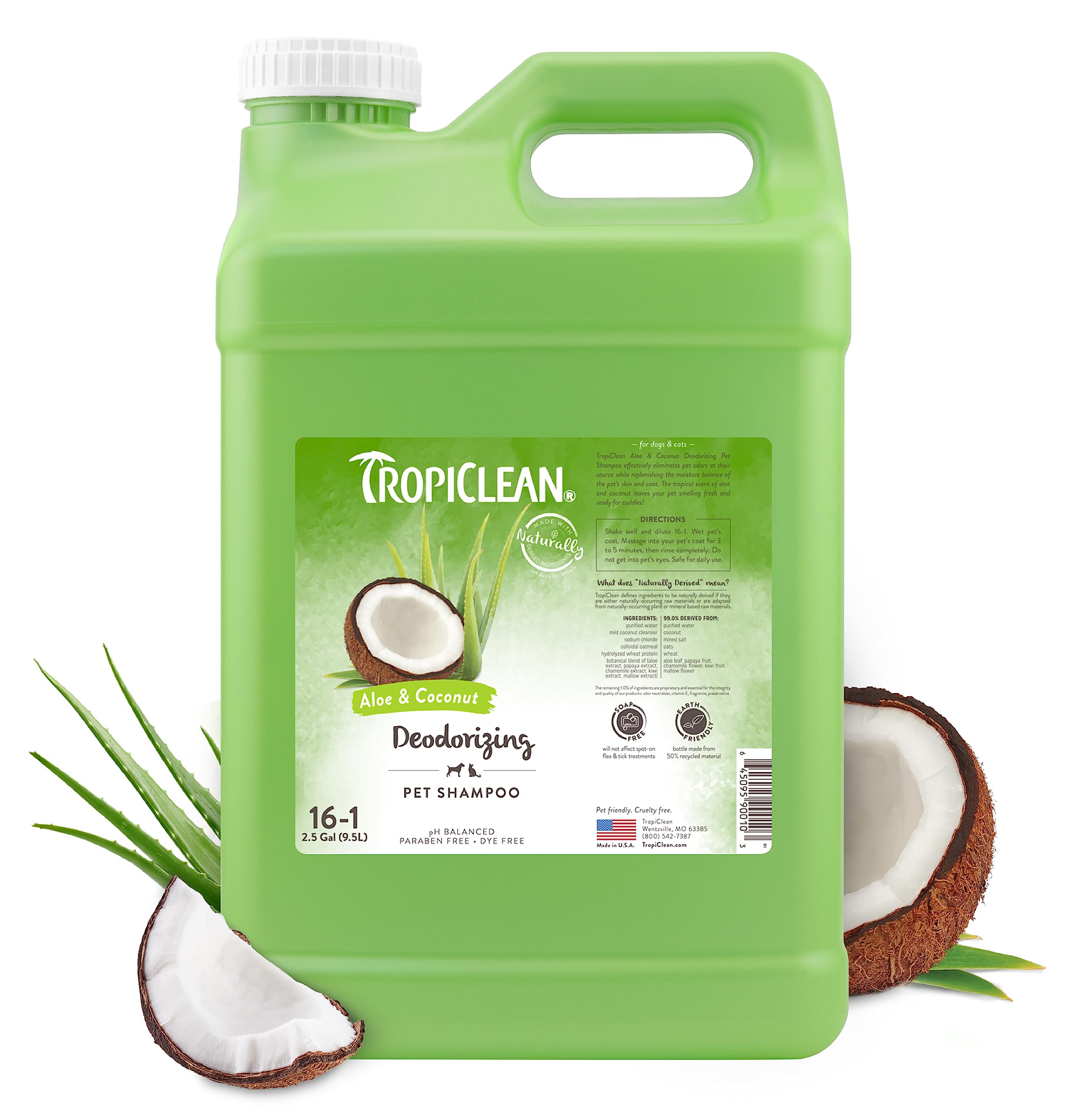 TropiClean Deodorizing Dog Shampoo for Smelly Dogs, Professional Dog Shampoo, Powerful Odor Control, Puppy Safe, Aloe & Coconut Scent, 2.5 Gallon
