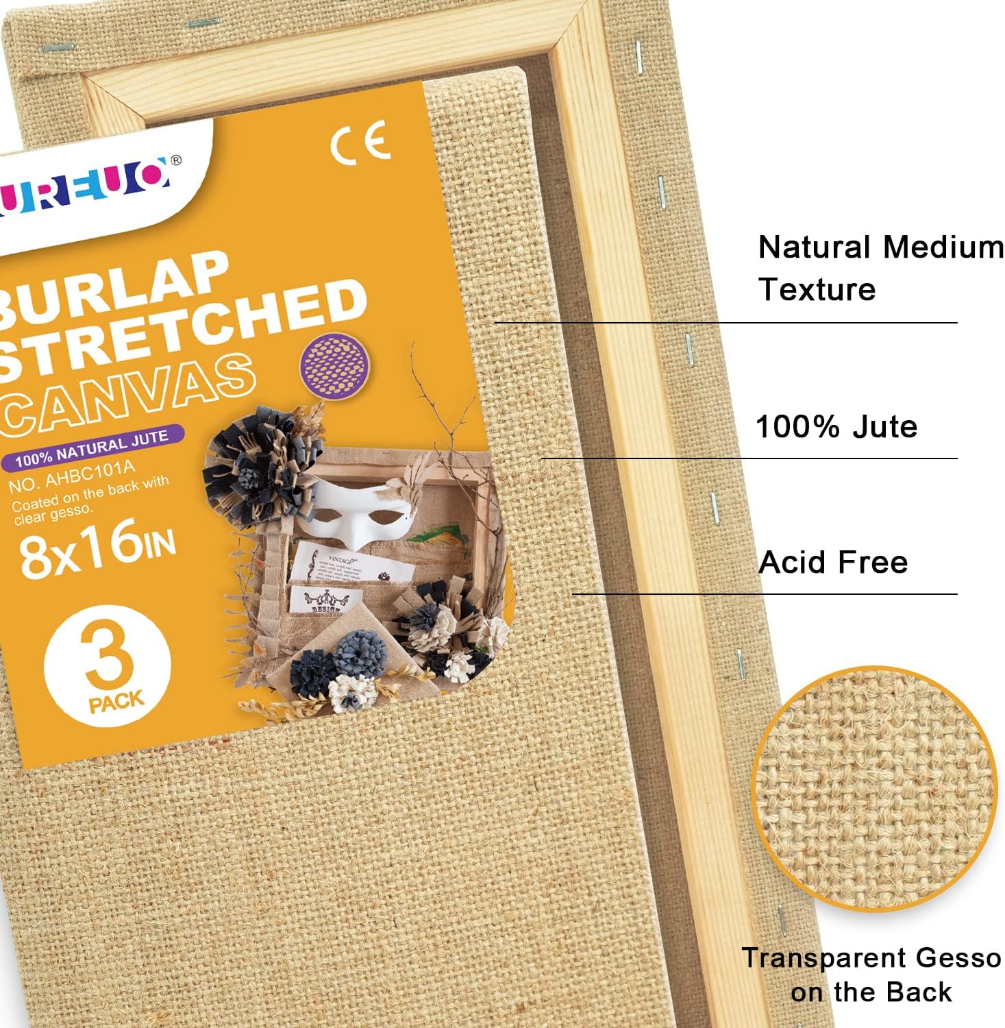 AUREUO Stretched Burlap Canvas, 8x16 Inch/3 Pack - 100% Natural Jute, Transparent Gesso Primed Blank Stretched Canvases for Oil & Acrylic Painting, Arts & Craft Projects, Wedding & Home Decoration
