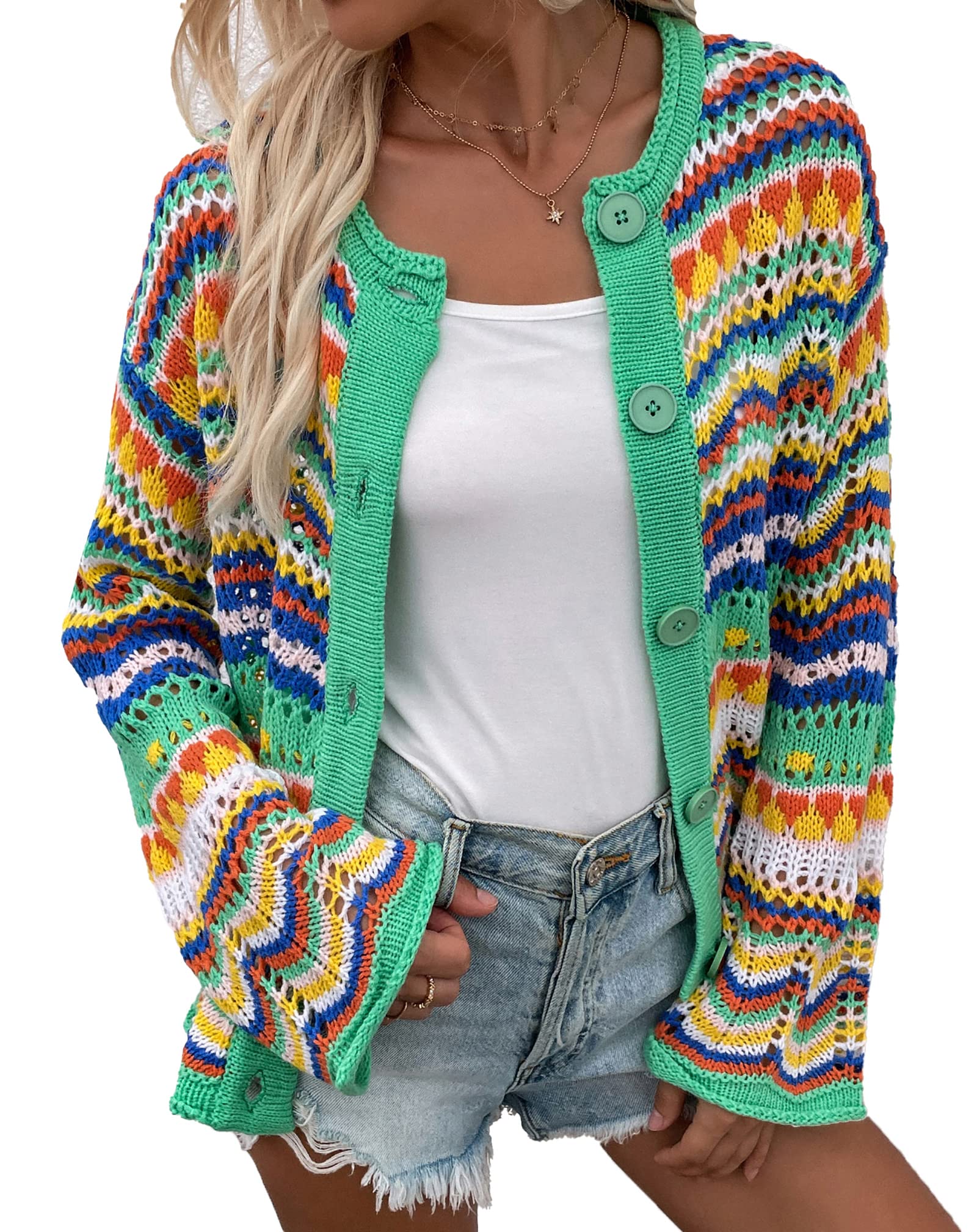 CORIRESHA Womens Multicolored Striped Crochet Knit Cardigan Crew Neck Flared Sleeve Button Y2K Sweater Coat