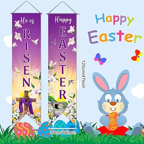 Miniatura 2 de Outus Cartel para puerta de Pascua con texto en inglés "He Is Risen", decoración cristiana para colgar en la pared, cartel cristiano para colgar en