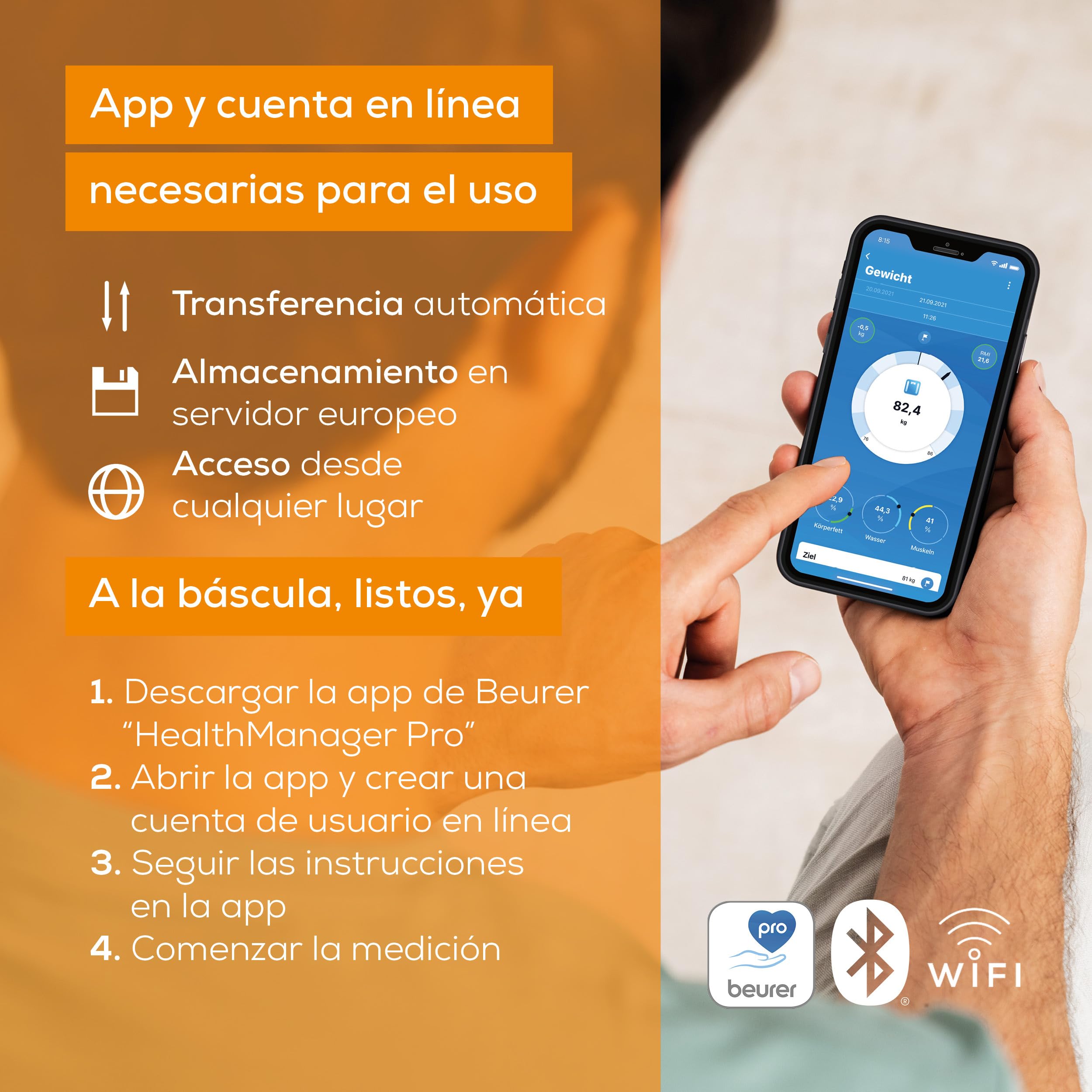 Beurer BF 980 báscula de diagnóstico con WIFI y Bluetooth, registro de análisis y evaluación gráfica de los valores corporales mediante app, medición de la frecuencia cardíaca, batería recargable