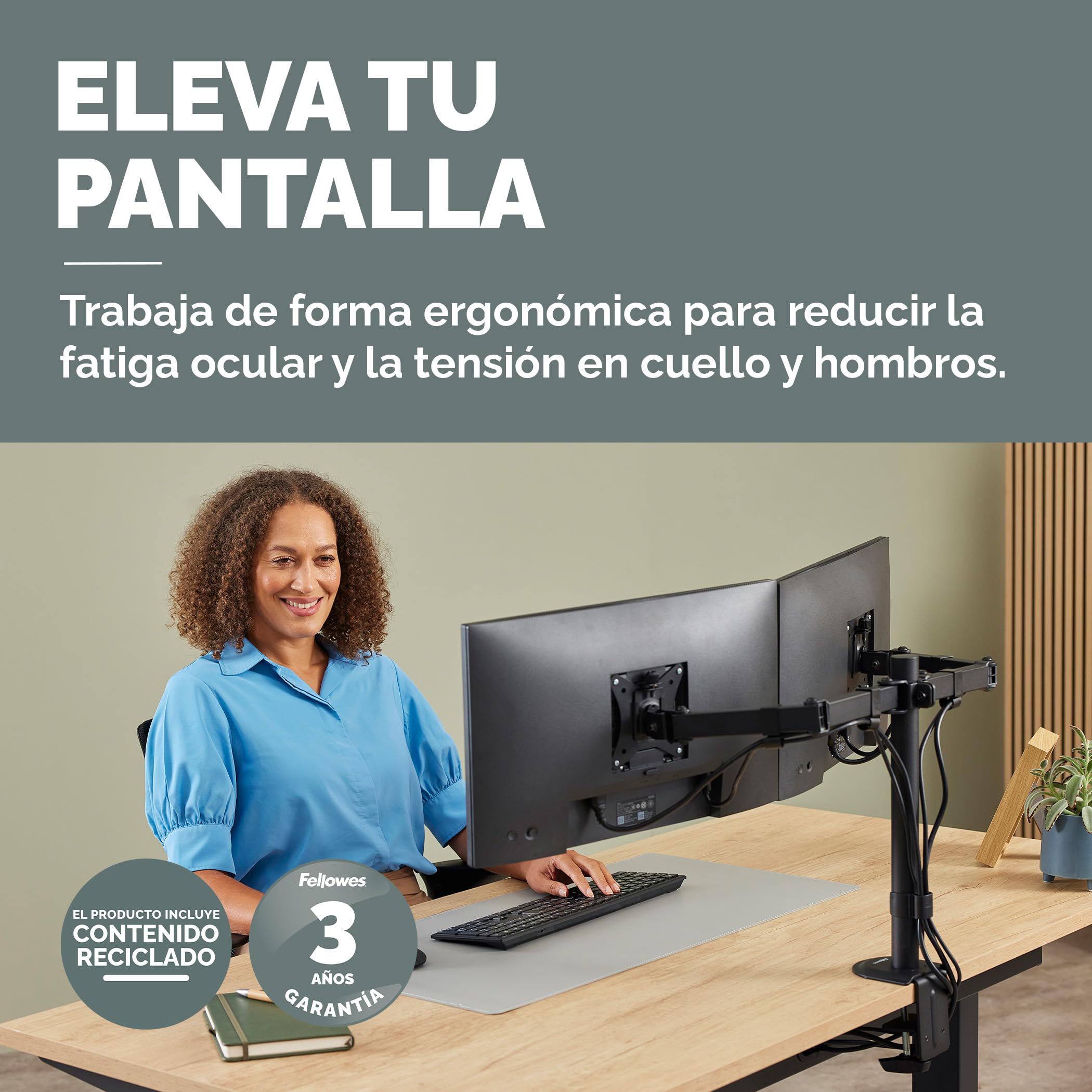 Fellowes Brazo para Monitor Doble Ajustable Everyday, soporta 2 Pantallas de hasta 32" y 9kg Cada una, inclinación, Giro, rotación, VESA 75/100, Montaje con Abrazadera u Ojal, gestión de Cables