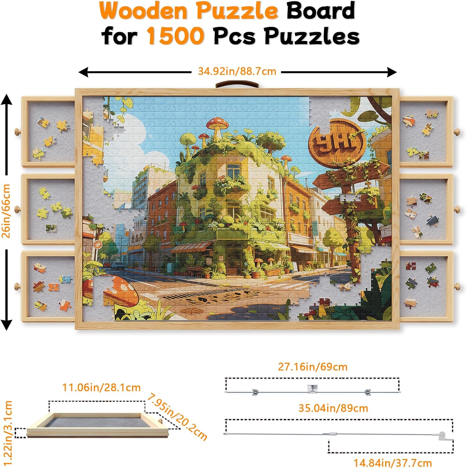 1500-Piece Rotating Puzzle Board with Drawers and Cover, Puzzle Tables for Adults, Portable Jigsaw Wood Table with 6 Storage Drawers, Non Slip Felt and Handle, Ideal Gift（35.1"x26"）