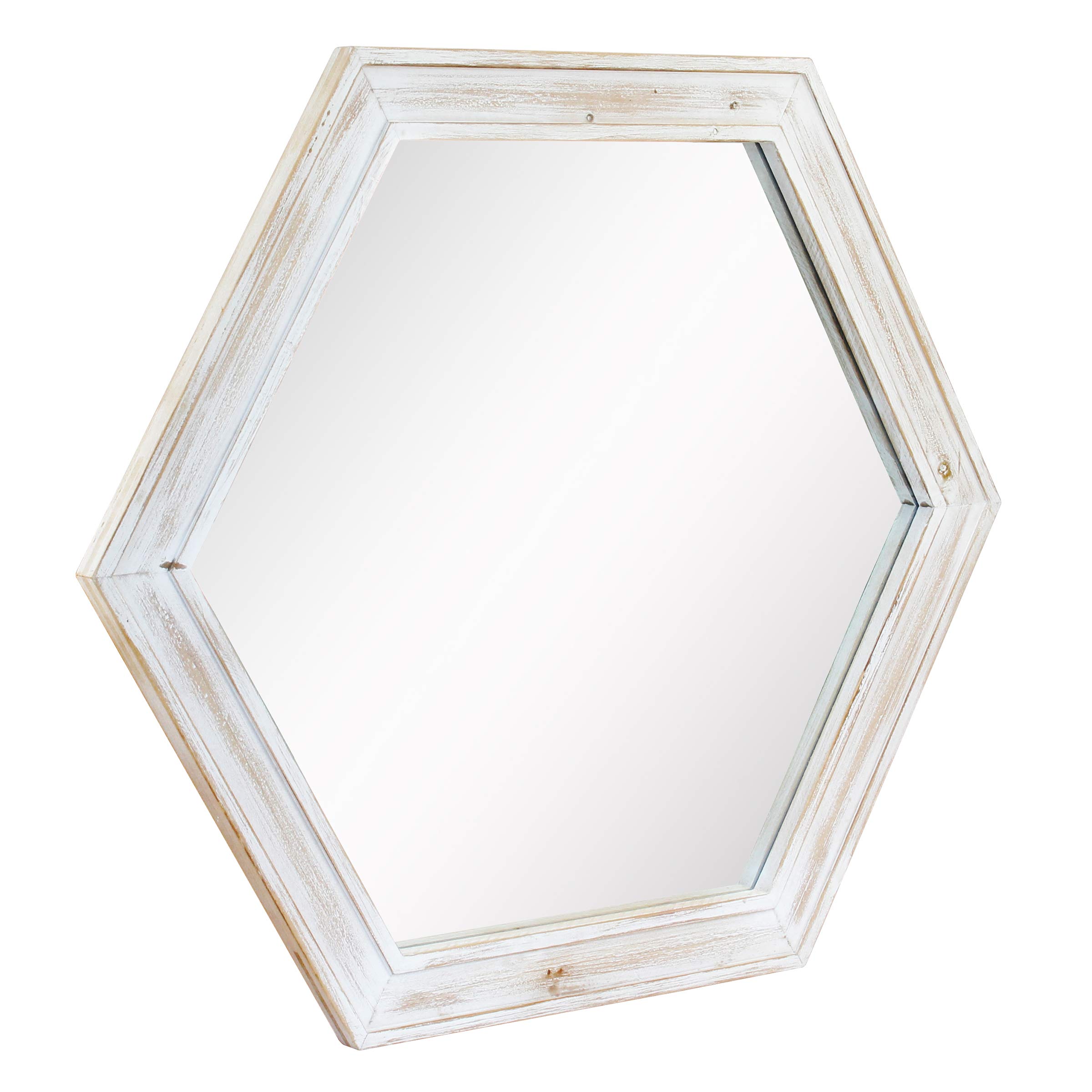 Stonebriar Specchio decorativo da parete esagonale da 61 cm, con cornice in legno verniciato bianco consumato e staffa per appendere