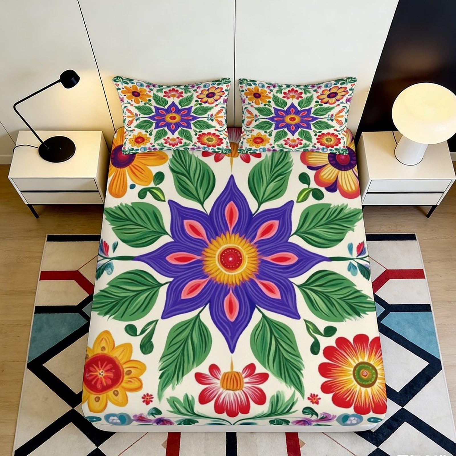 Jxqhbvmg Style-10 3D Printed Boho Floral Fitted Sheet Microfiber Deep Pocket Non-Slip Ethnic Mattress Fitted Cover Breathable For Bedroom Bedding 90X200x25cm