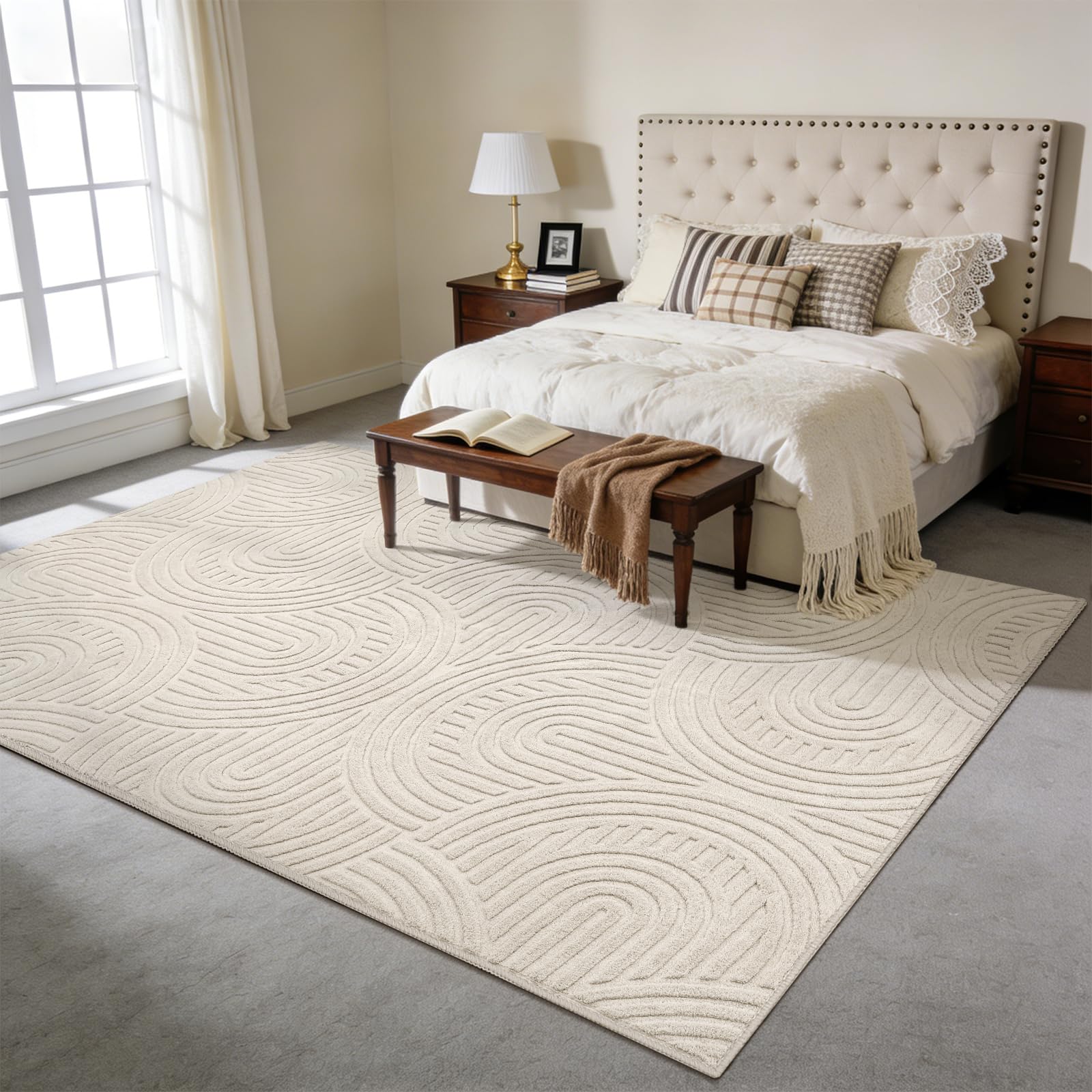 Enyhom Teppich Wohnzimmer Schlafzimmer 3D Optik Kurzflor Skandinavisch Teppiche Weich rutschfest Waschbar Pflegeleicht für Kinderzimmer, Beige Halbkreismuster, 160x230cm