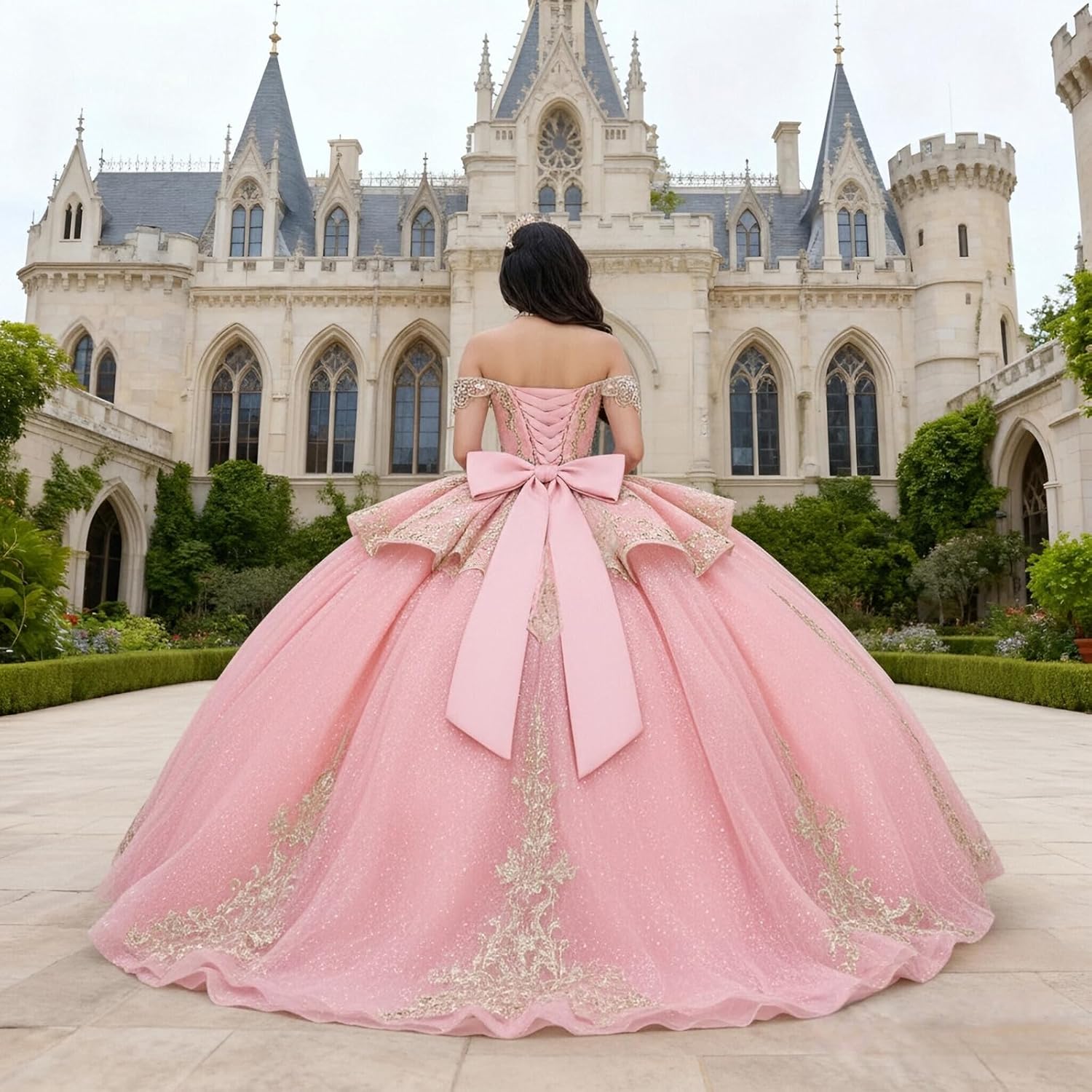 Zhangyo Off Shoulder Quinceanera Dresses with Bow Puffy Tulle Sweet 15 16 Dress with Train Gorgeous Tassel Applique Ball Gown