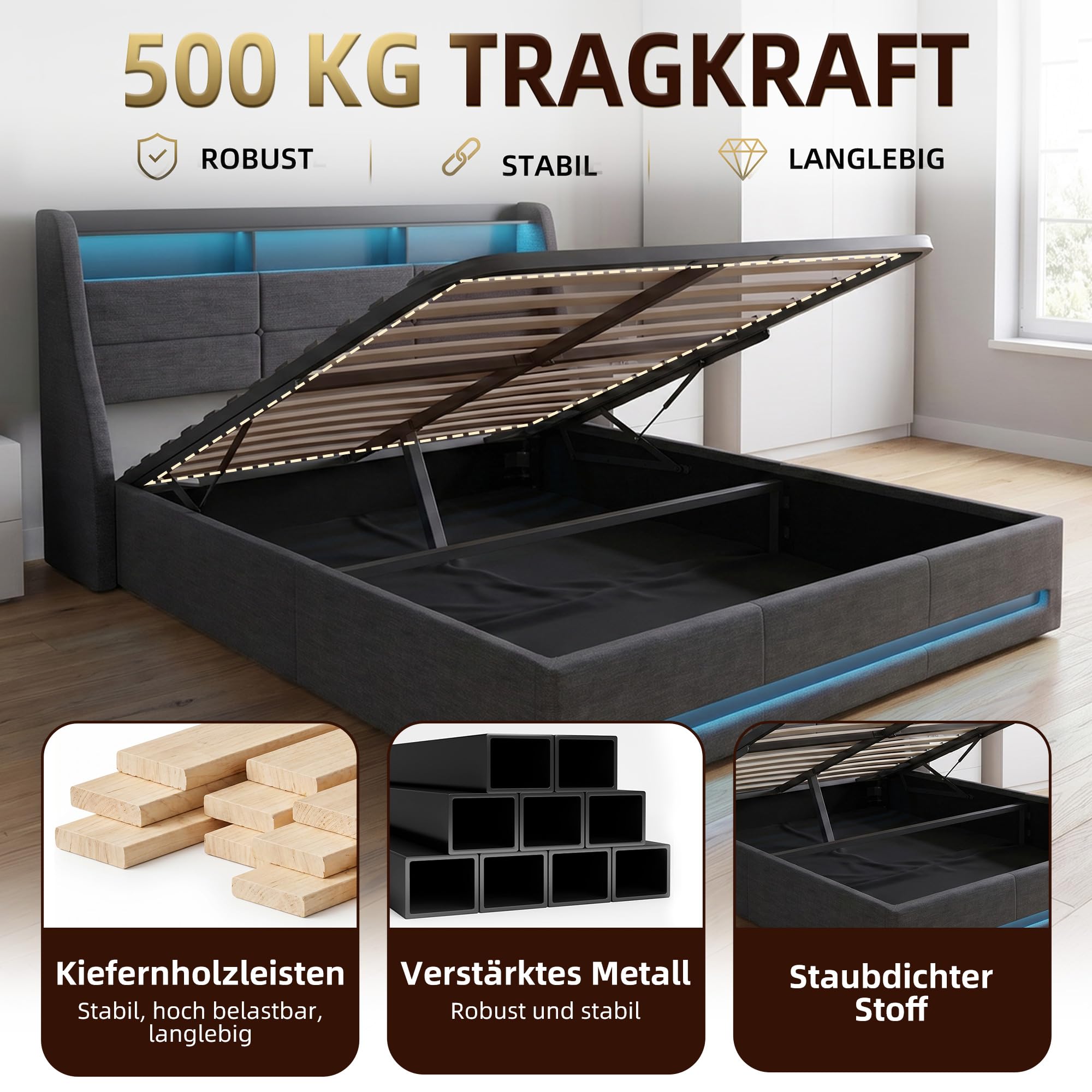Cama tapizada para cama doble de 140 x 200 cm con LED, cama hidráulica con espacio de almacenamiento, cabecero con LED y USB tipo C, estructura de cama juvenil con cajón y somier, lino, gris, sin