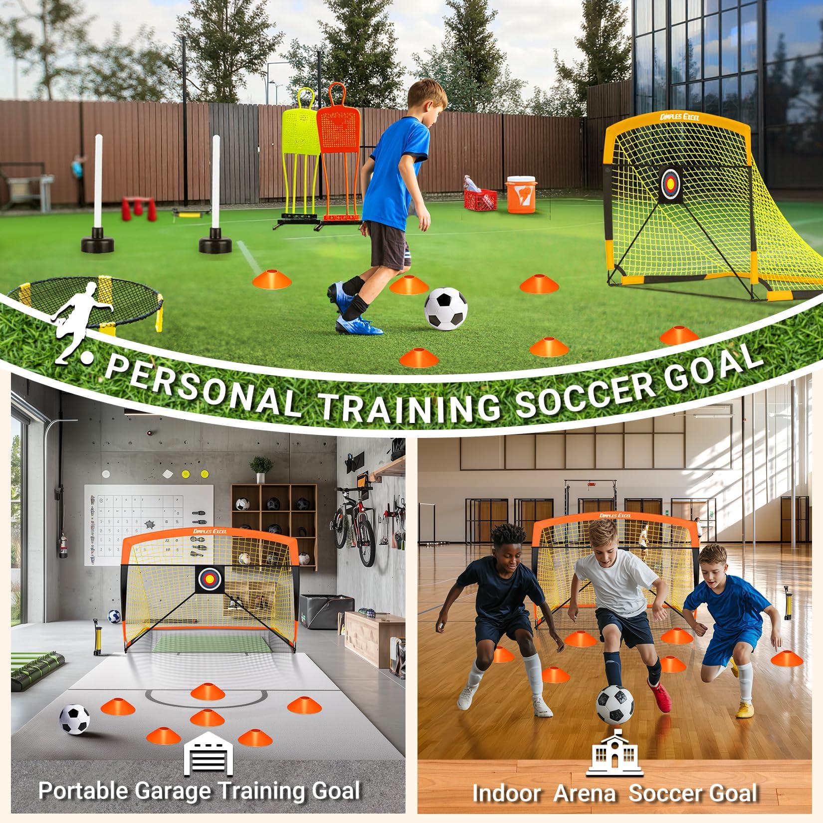 Dimples Excel Soccer Goals - Red de fútbol para niños para Patio Trasero de 7 x 5 pies, 5 x 3.6 pies, 4 x 3 pies, 3 x 2.2 pies
