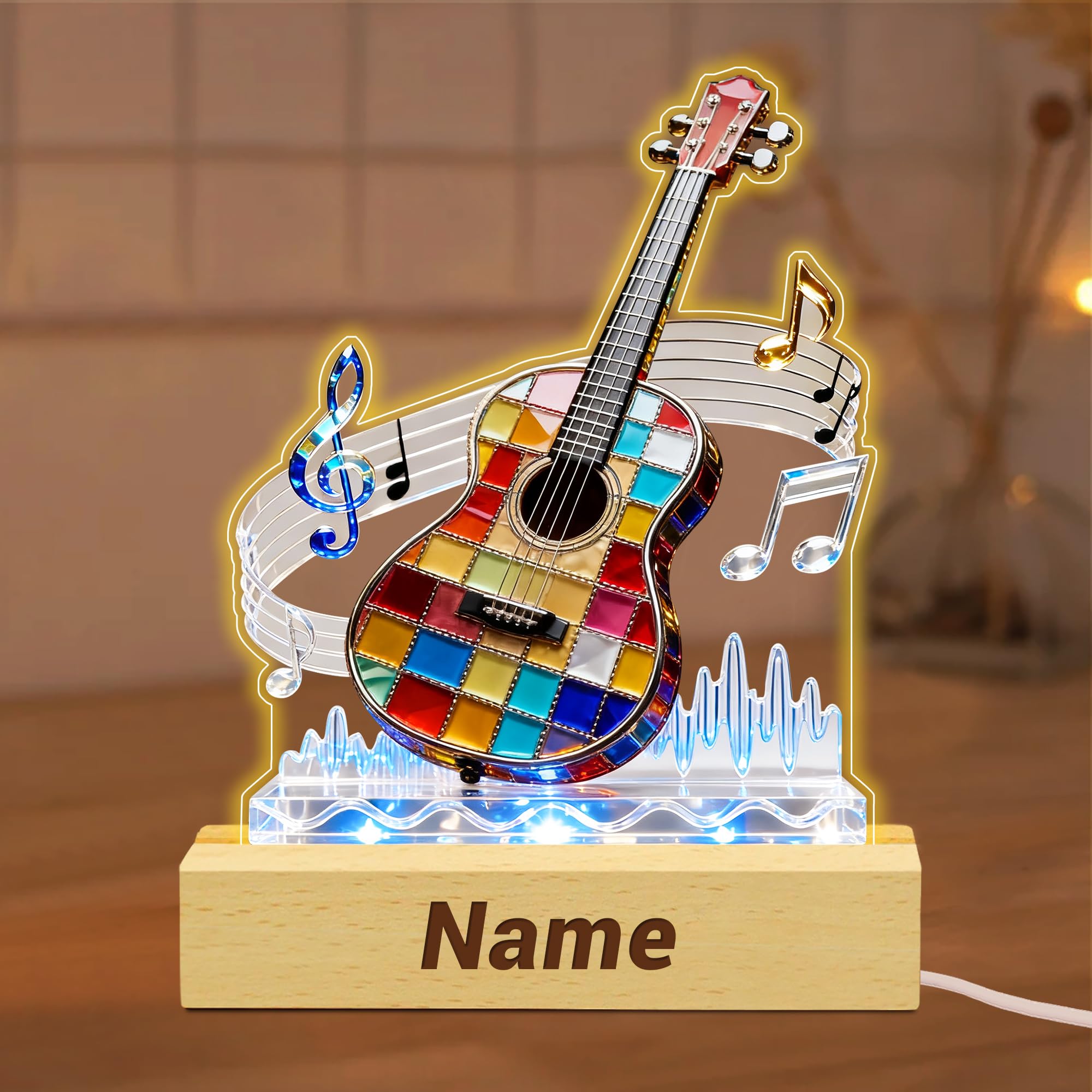 SweetJECCU Personalized Stained Glass Guitar Night Light Custom Name Multiple Color Changing LED Guitar Lamp, Light Up Music Desk Ornament, Birthday Christmas Gifts for Music Lovers