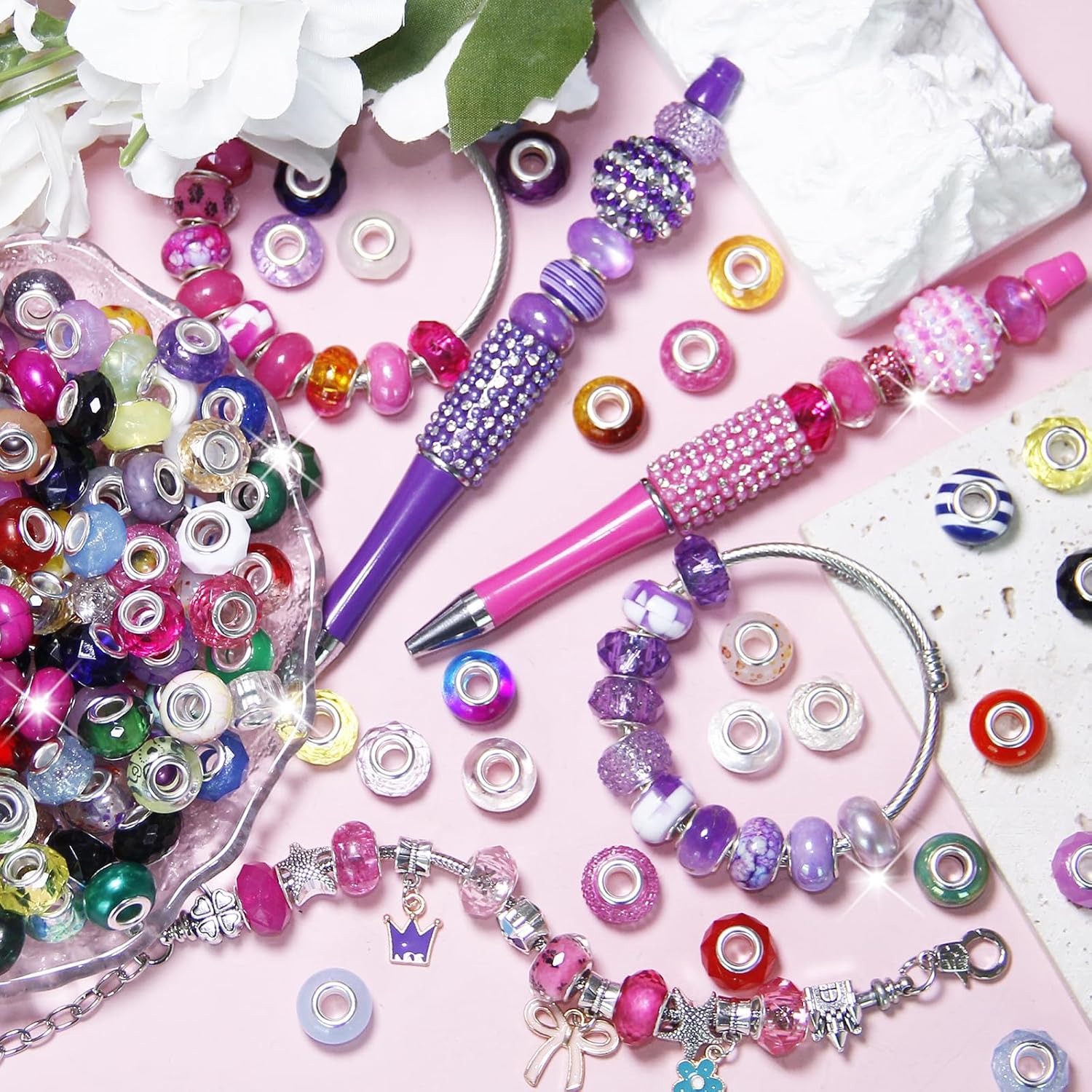 100 Pieces Large Hole Beads Spacer Bead Mixed Assorted European Craft Big Beads Large Hole Lampwork Murano Fairy Wand Garden Bead for DIY Pens Charms Bracelet Necklace Keychain Jewelry Making Supplies - Image 2