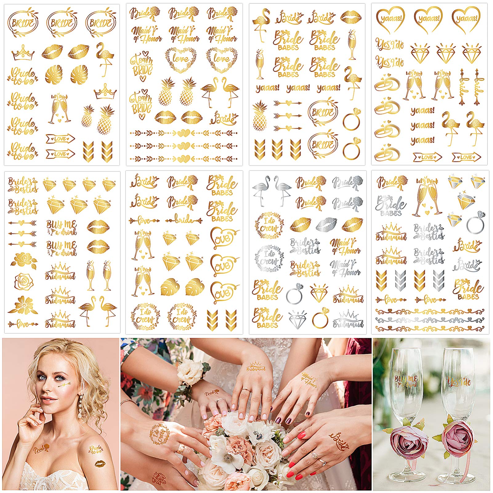 FRCOLOR 184 tatuajes para despedida de soltero, 8 hojas, tatuajes temporales, tatuajes para bodas, fiestas de equipo, accesorios para fiestas, color dorado y plateado