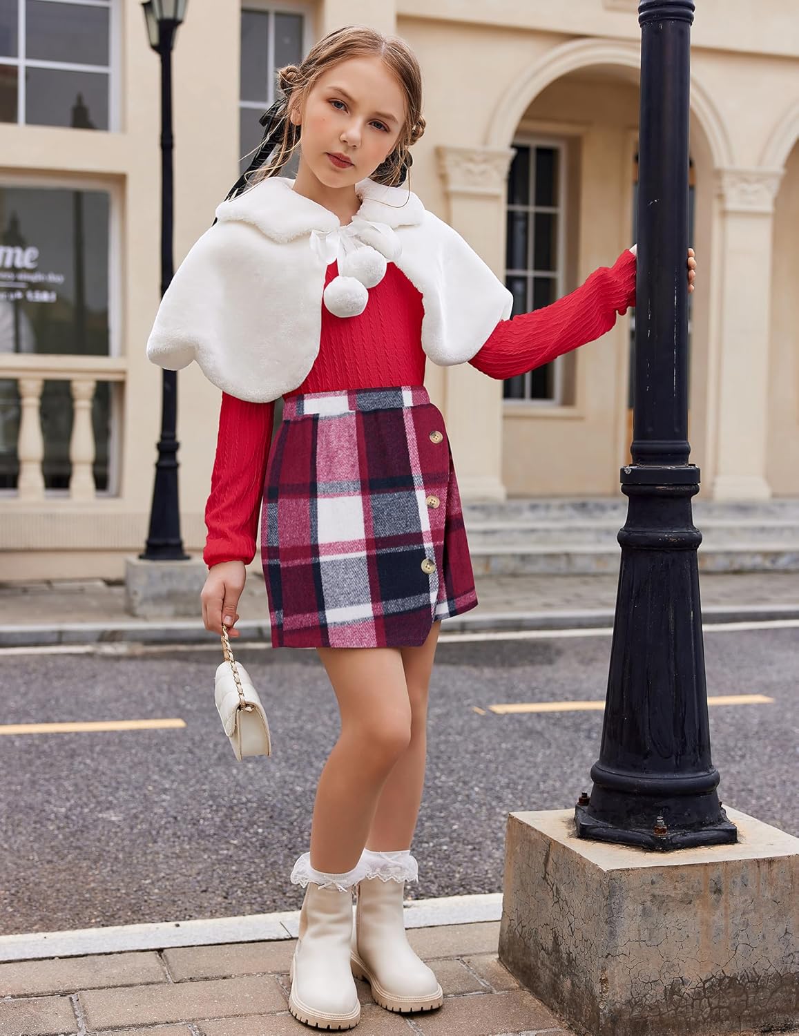 Arshiner Girls Skirt Sets Ruffle Sleeve Top and Plaid Mini Skirt 2 Piece Fall Winter Outfits for Kids - Image 5