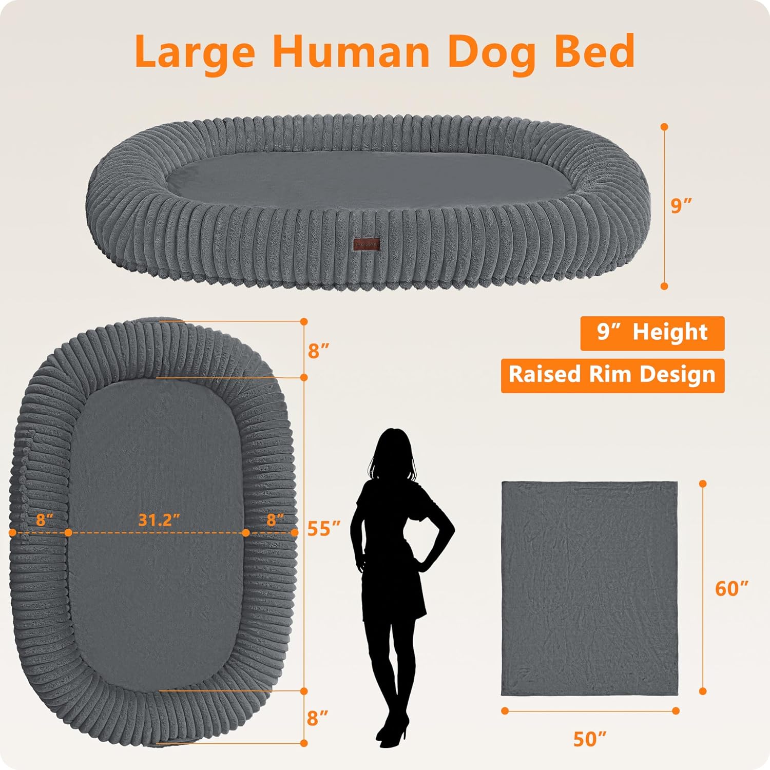 Human Dog Bed Fits Adult & Pets, Reversible Orthopedic Gel Memory Foam Cushion, Washable Long Plush, Plump Edge with Blanket, Storage Pocket, 71"x47.2"x9", Extra Large, Dove Grey