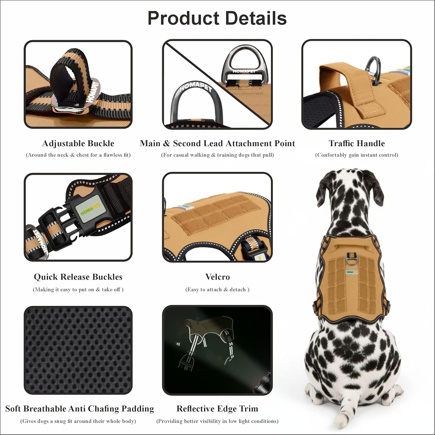 Homapet. Tactical Dog Harness with Dual Leash Attachment Points, Adjustable and Reflective Military Grade Dog Vest with Comfort Control Handle (Copper Brown, S)