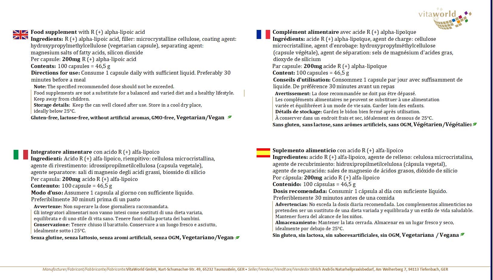 Vita World R (+) Acide Alpha-Lipoïque 200mg 100 Capsule ALA acide thioctique Made in Germany