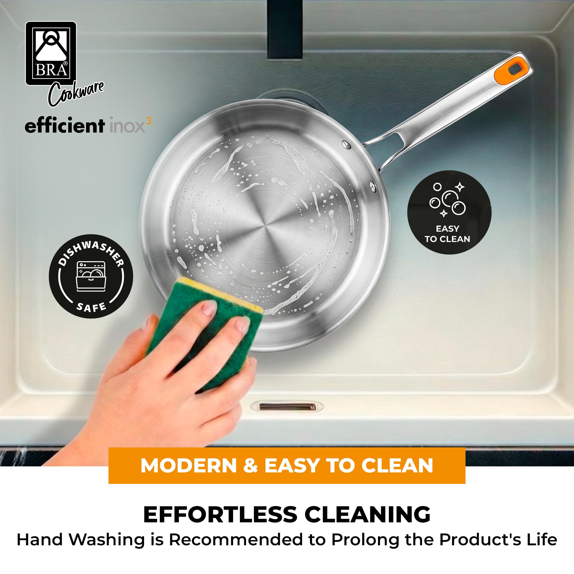 BRA Efficient Inox patelnia 26 cm, trójwarstwowa (wewnętrzna stal nierdzewna 18/10 + wnętrze aluminium + zewnętrzna stal nierdzewna 18/0 magnetyczna), nadaje się do indukcji, nie przywieraje, nitowany