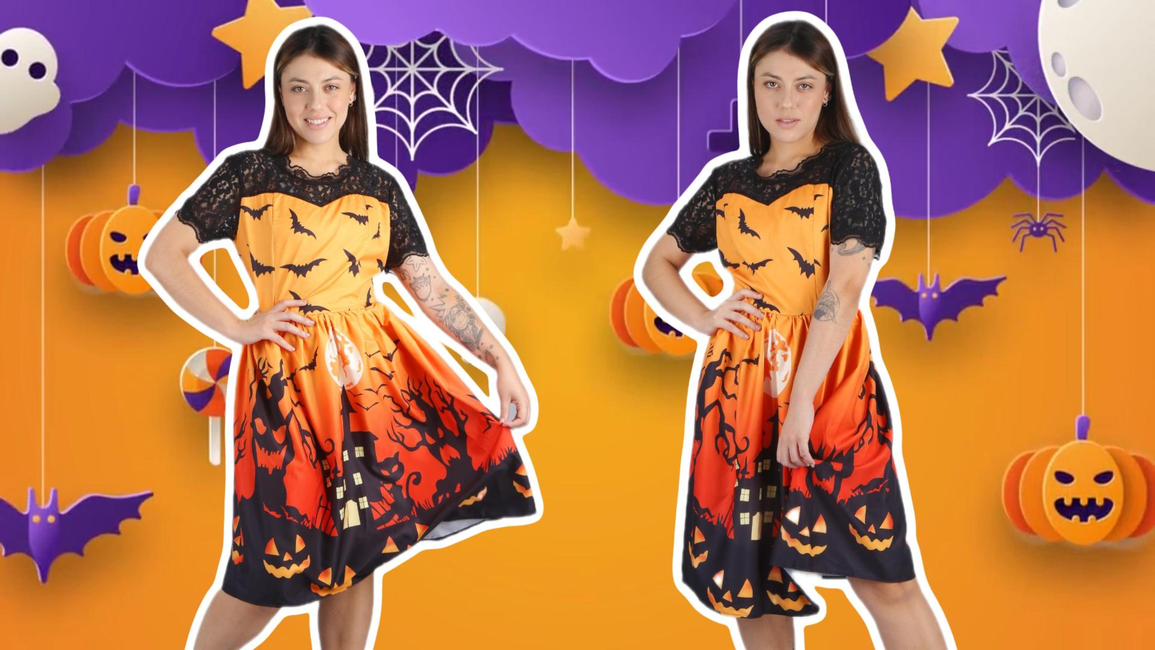 Gothic Halloween Kleid Für Frauen - Kürbis Fledermaus Hexen Kleid Langarm Swing Dress