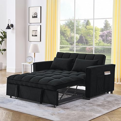 Miniatura 11 de Sofá cama convertible de terciopelo de 55 pulgadas, sofá futón 3 en 1 con cama extraíble, sofá biplaza moderno con respaldo ajustable, 2 almohadas
