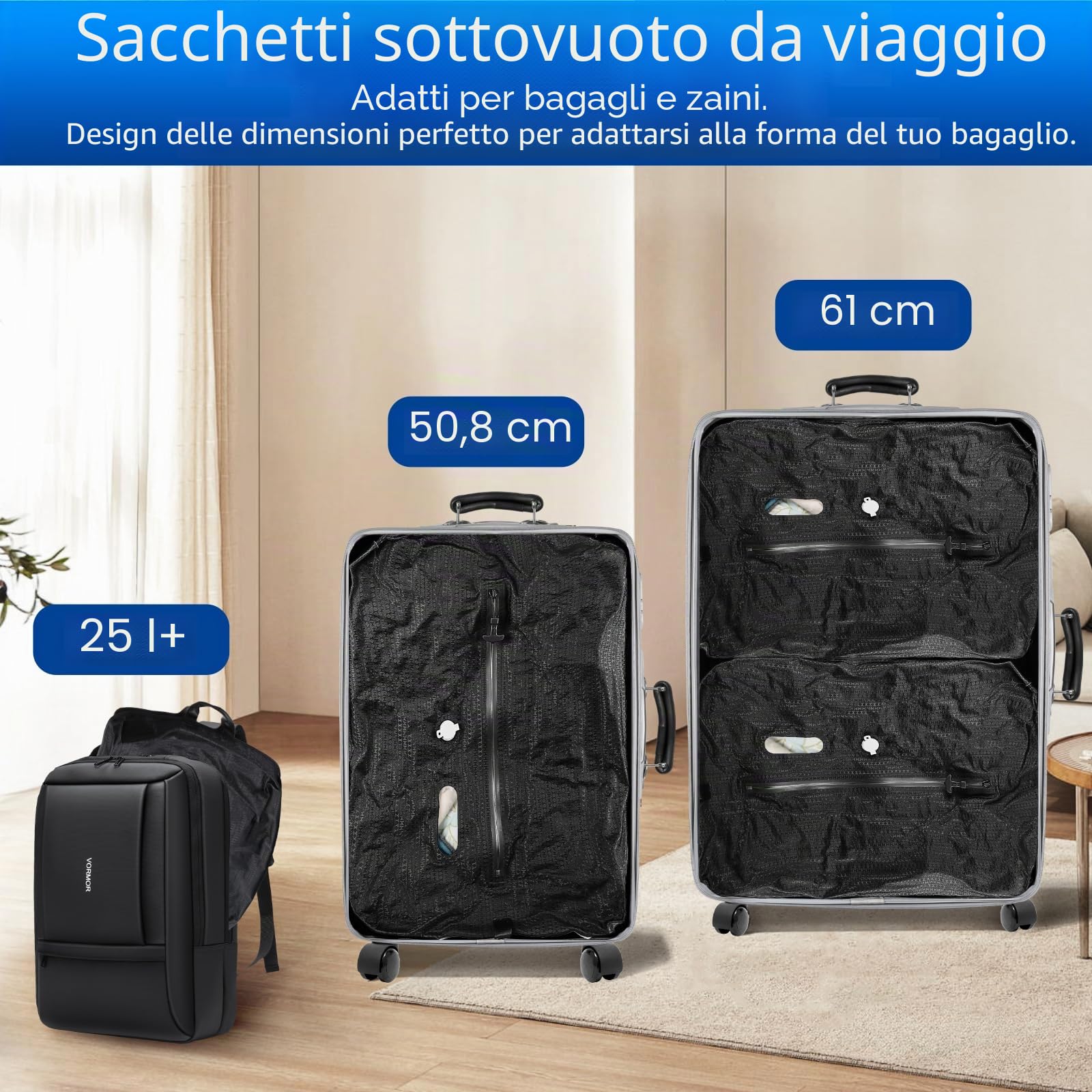 Sacchetti Sottovuoto Viaggio, Riutilizzabile Sacchi Sottovuoto da Viaggio per Valigia, A Doppio Strato Valigia sottovuoto viaggio con Protezione IP67 Impermeabile (1 Pezzi+Pompa)
