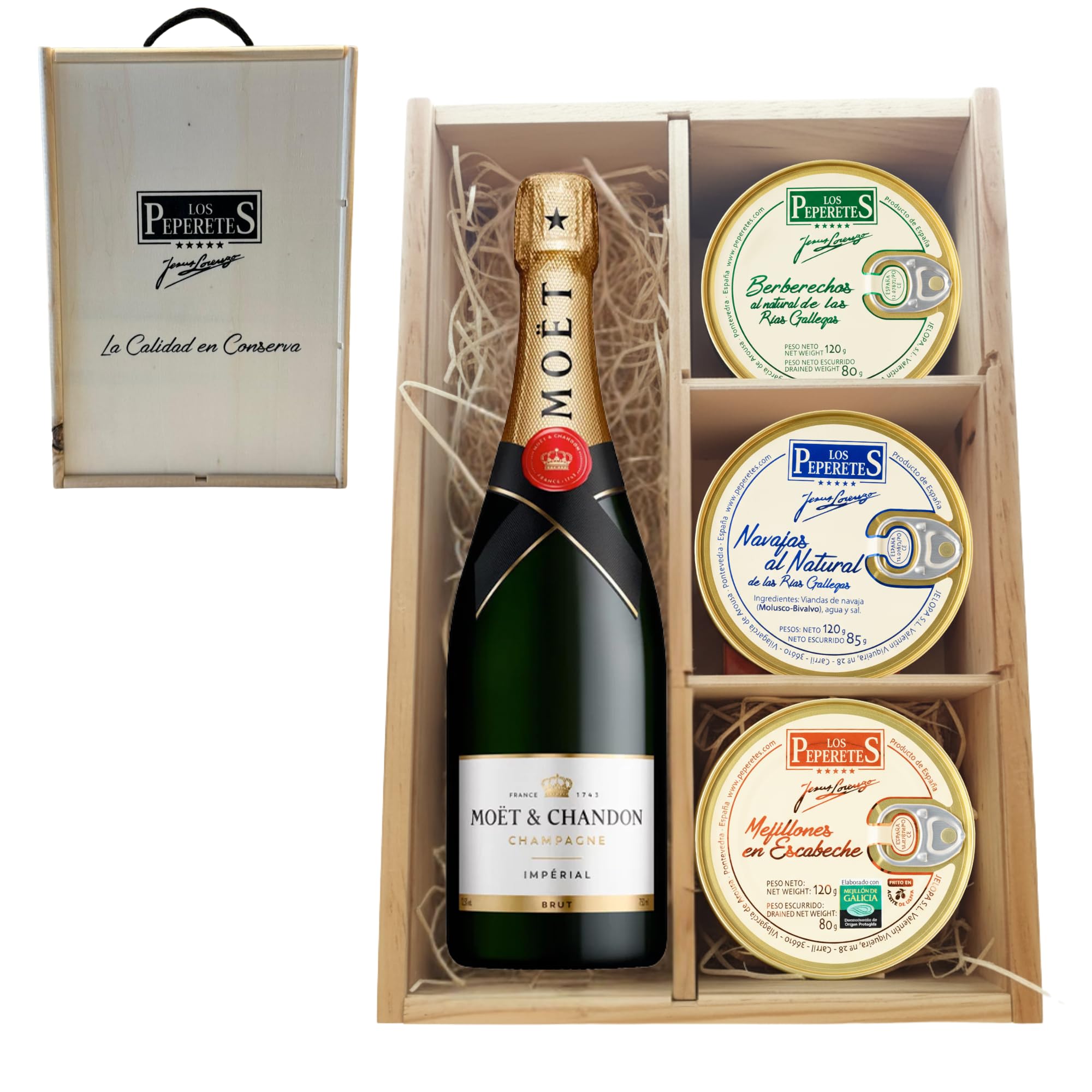 LOS PEPERETES Pack Gourmet Marisco Gallego con Champagne Francés | Berberechos al Natural ×2 · Navajas al Natural ×2 · Mejillones en Escabeche ×2 | Lote Delicatessen