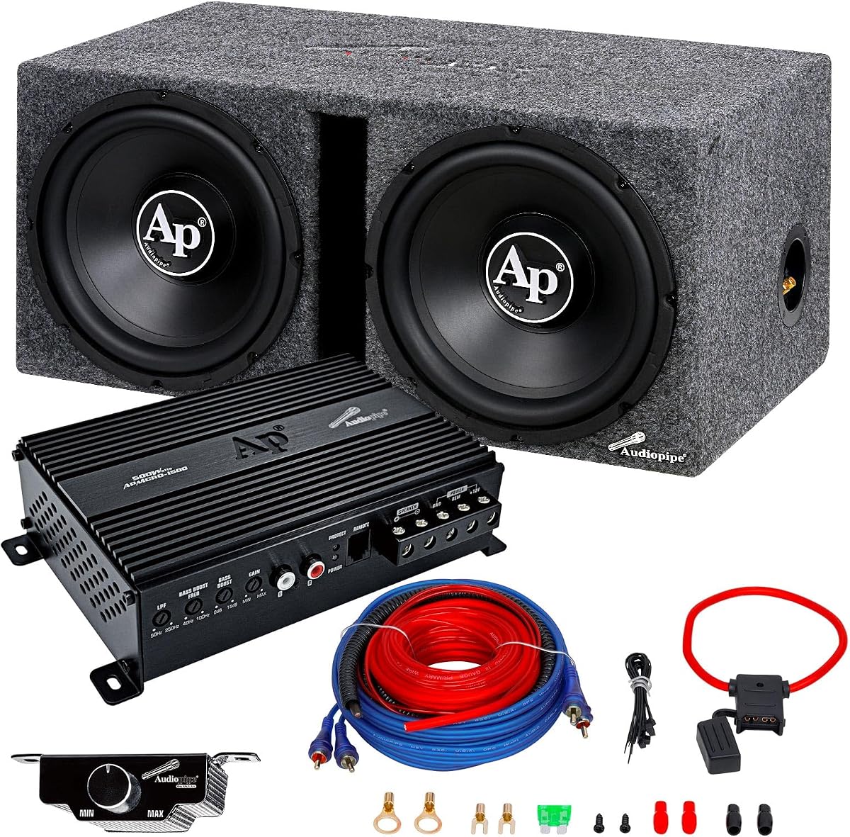 Audiopipe Super Bass Combo Package (APSB-1250CLV), 12" Subwoofer & Micro Class D Amplifier Combo with Complete Installation Kit, Powerful Car Bass Upgrade