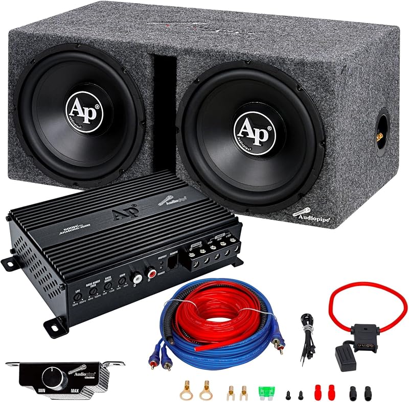 Audiopipe Super Bass Combo Package (APSB-1250CLV), 12" Subwoofer & Micro Class D Amplifier Combo with Complete Installation Kit, Powerful Car Bass Upgrade