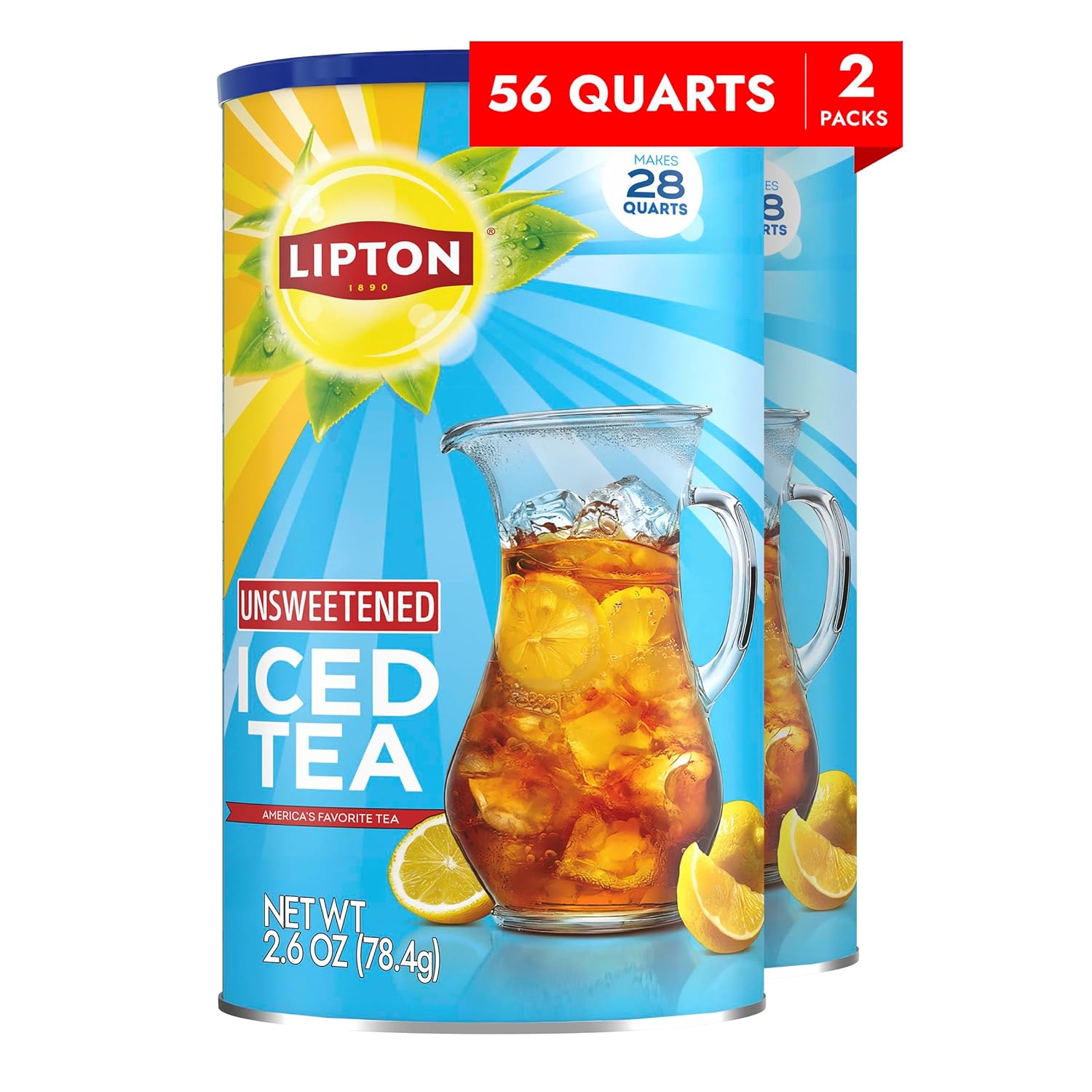 Lipton Unsweetened Lemon Iced Tea Mix, Black Tea Powder, Makes 56 Quarts, Pack of 2 - Zero Calorie Refreshment