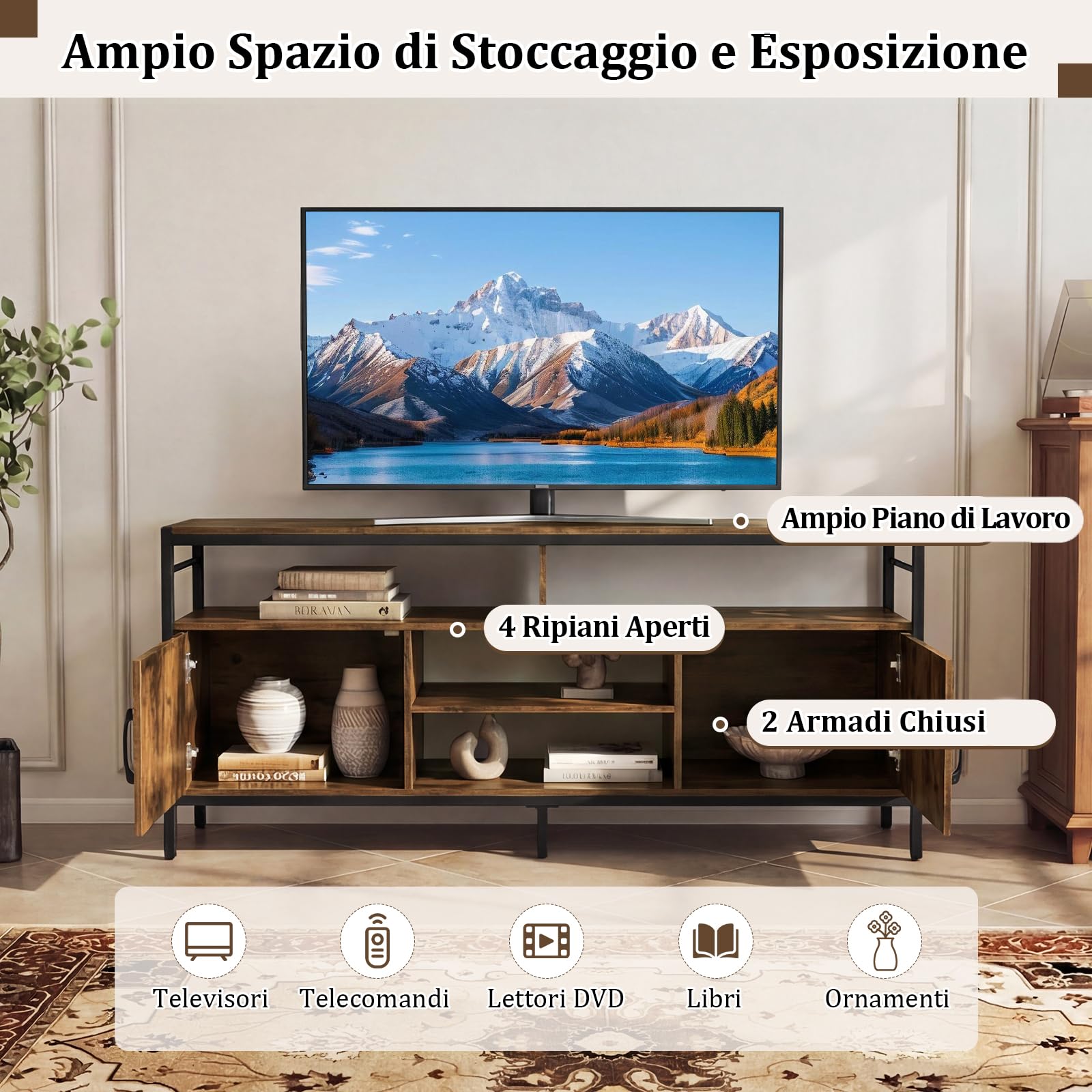 COSTWAY Mobile TV Soggiorno fino a 65", con 2 Armadietti e 4 Ripiani Aperti, Tavolino Porta TV con Gambe in Metallo, Centro di Intrattenimento per Soggiorno Camera da Letto (Marrone, 147 x 35 cm)